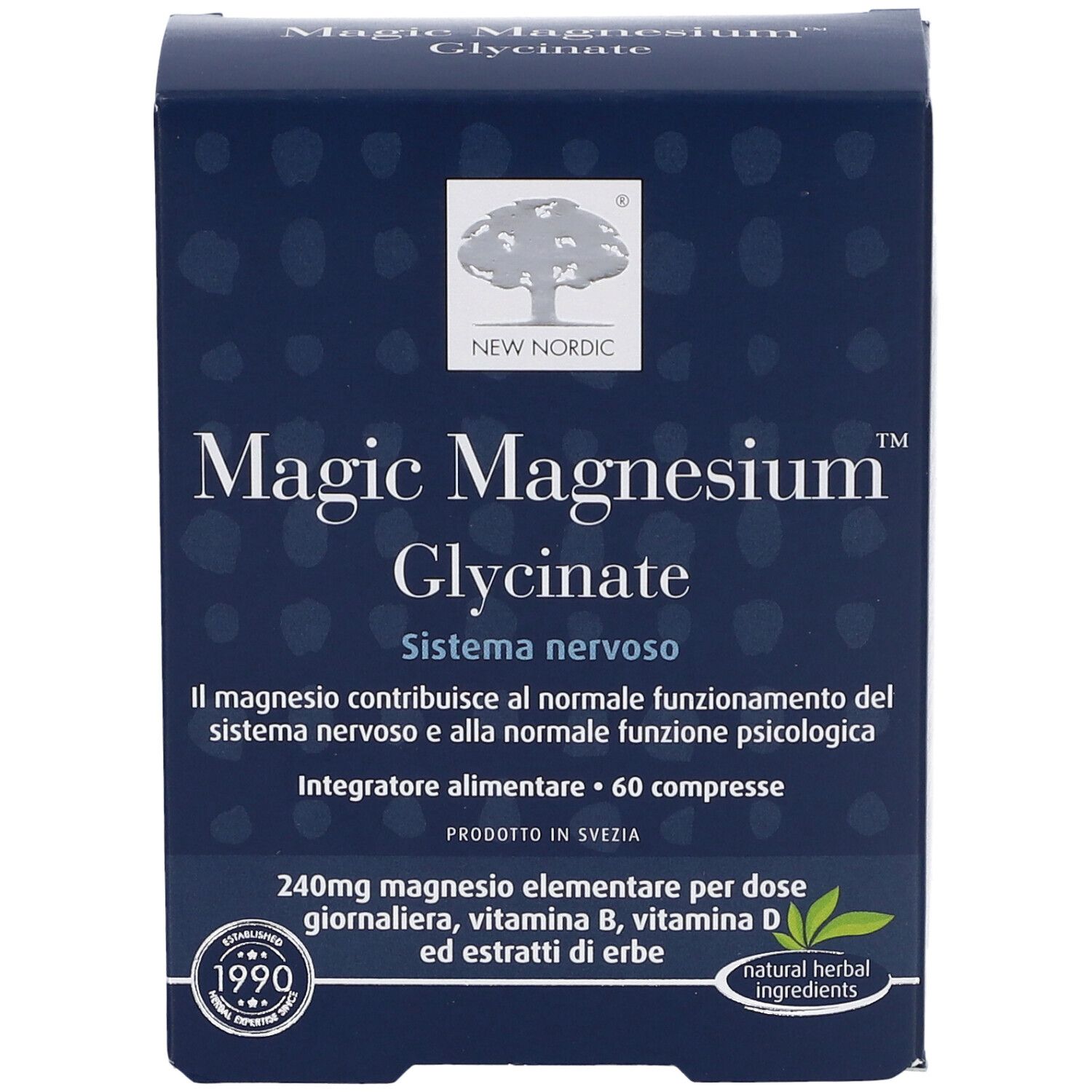 Scatola blu scuro con nome e logo del prodotto. Contiene 60 compresse. Testo in italiano.