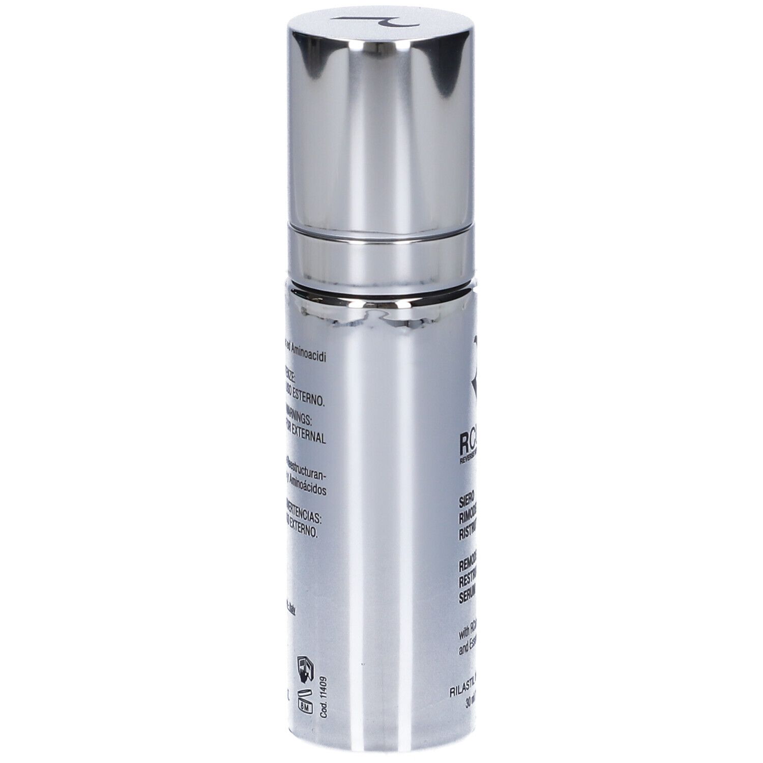 Flacone siero argento. Scritte: RCUBE, Siero Rimodellante Ristrutturante, Remodelling Restructuring Serum. Testo sul retro.