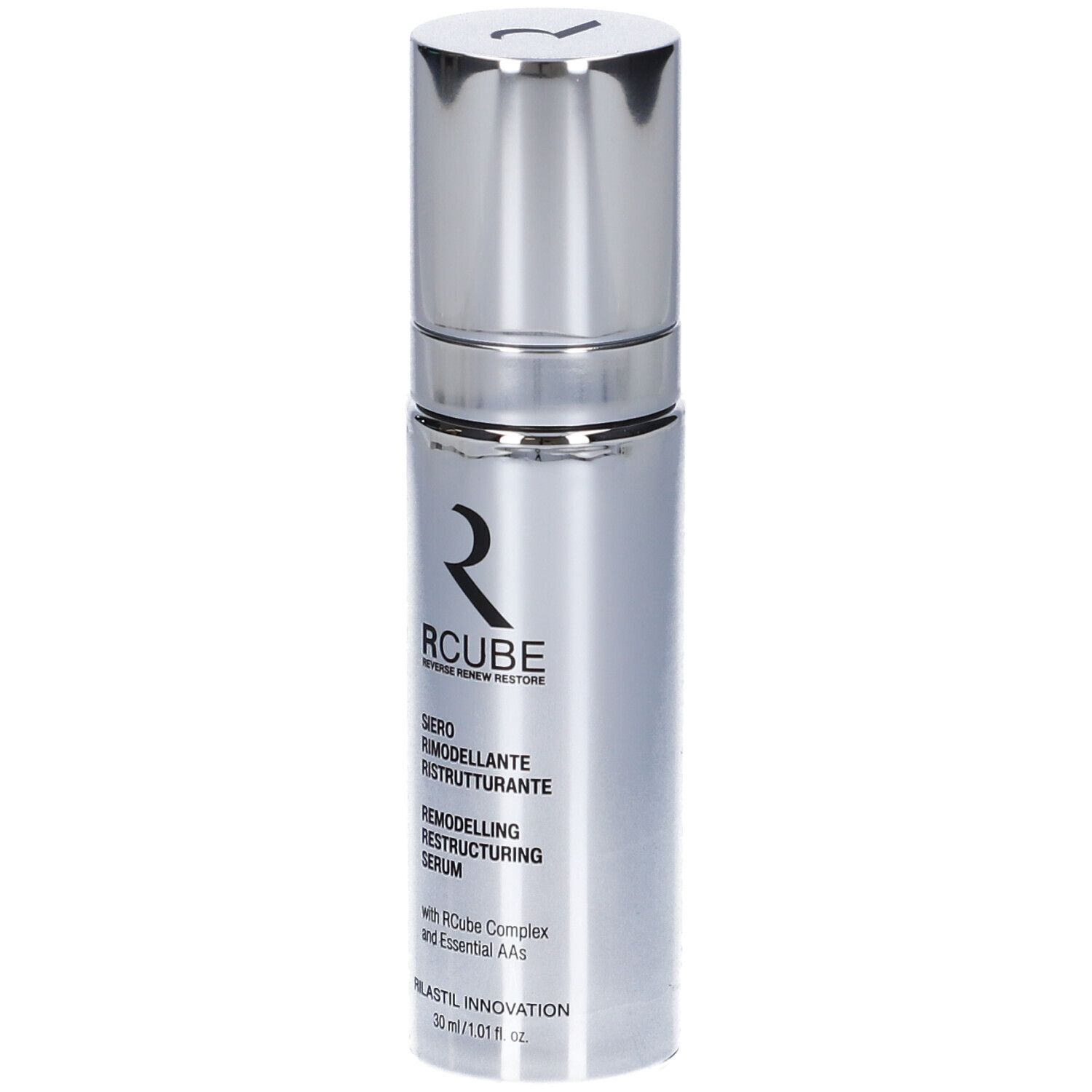 Flacone siero argento. Scritte: RCUBE, Siero Rimodellante Ristrutturante, Remodelling Restructuring Serum.