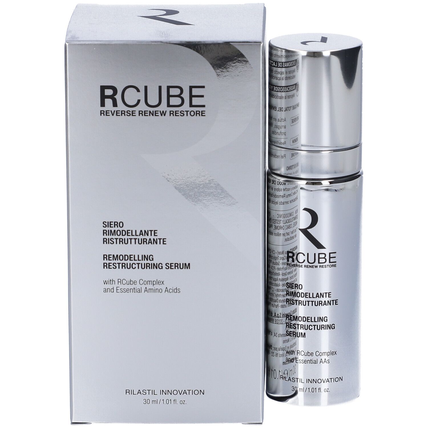 Flacone siero e scatola. Scritte: RCUBE, Siero Rimodellante Ristrutturante, Remodelling Restructuring Serum.