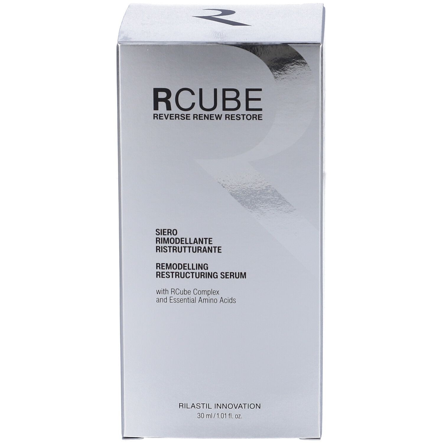 Scatola con scritte: RCUBE, Siero Rimodellante Ristrutturante, Remodelling Restructuring Serum.