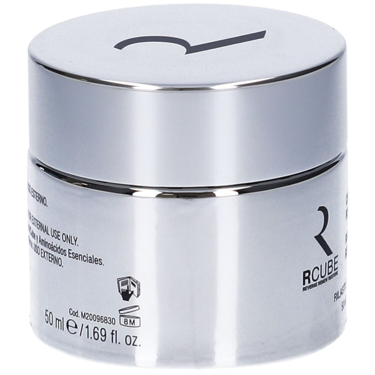 Vaso argento con coperchio nero. Scritta: Rilastil RCube. 50 ml. Testo sul lato.