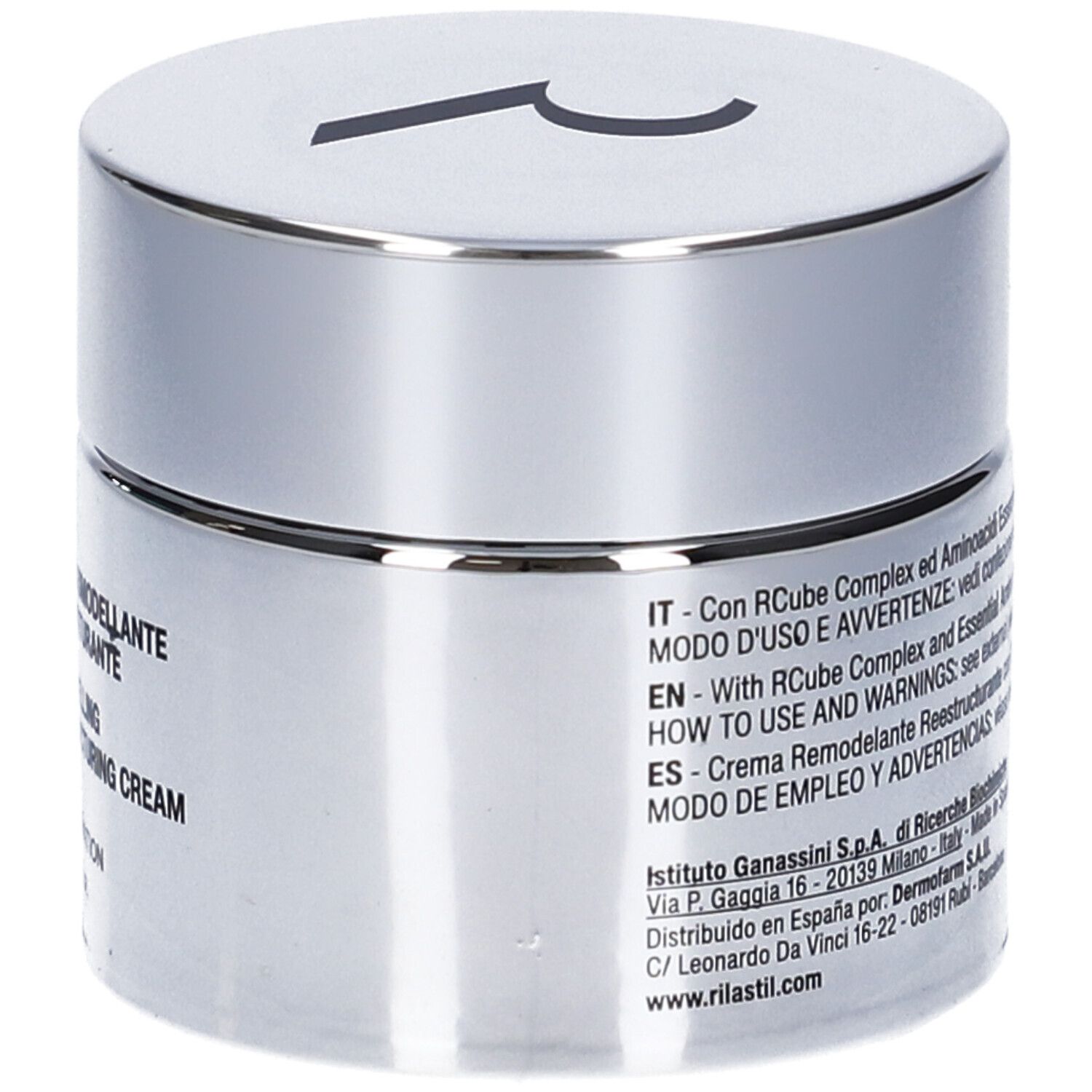 Vaso argento con coperchio nero. Testo sul lato, tra cui 50 ml.