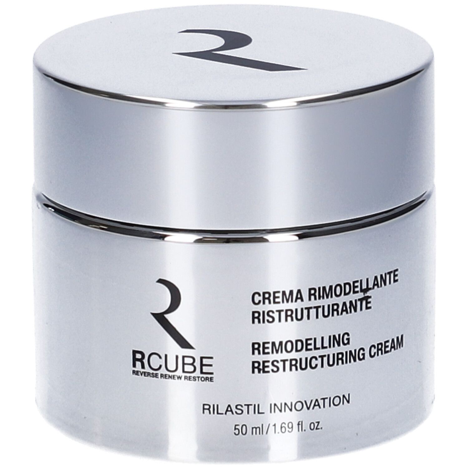Vaso argento con coperchio nero. Scritta: Rilastil RCube Crema Rimodellante Ristrutturante. 50 ml.