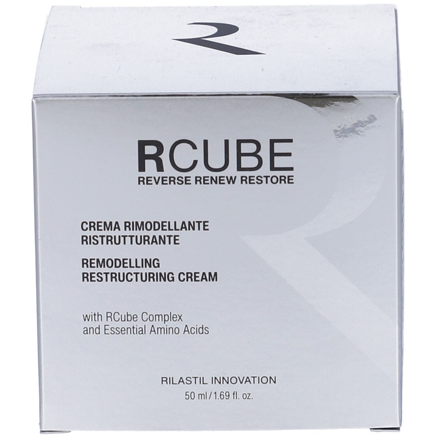 Scatola bianca con scritta: Rilastil RCube Crema Rimodellante Ristrutturante. 50 ml.