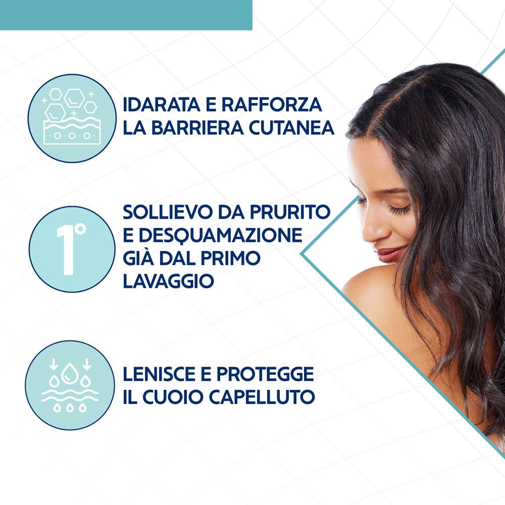 Grafica con donna e capelli. Testo: Idrata e rafforza la barriera cutanea. Sollievo da prurito e desquamazione.