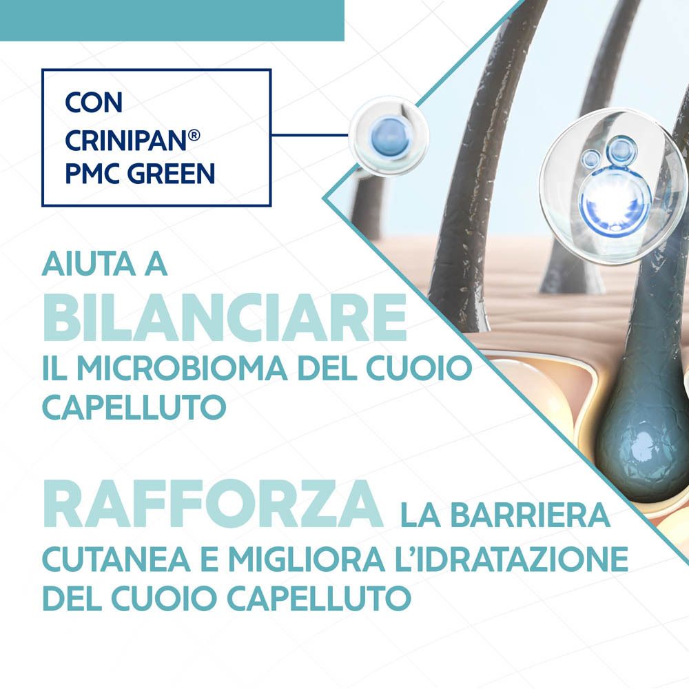 Grafica con capelli e pelle. Testo: Aiuta a bilanciare il microbioma del cuoio capelluto. Rafforza la barriera cutanea.