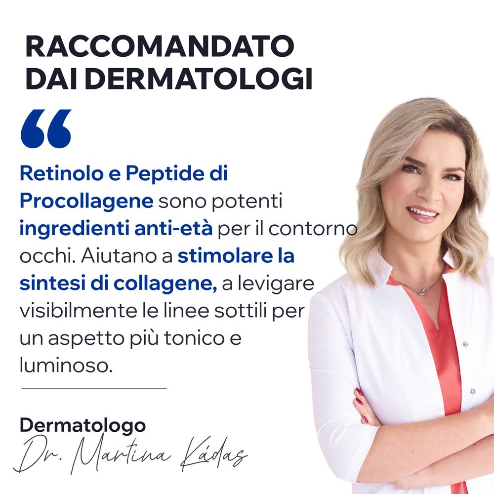 Donna con camice bianco. Citazione: Retinolo e peptidi sono ingredienti anti-età per il contorno occhi.