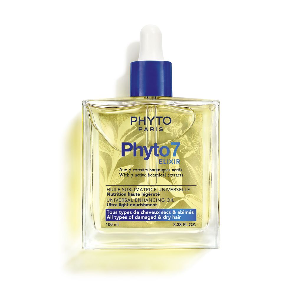 Flacone quadrato in vetro con olio giallo. Tappo blu con contagocce. Scritta: Phyto Paris, Phyto 7 Elixir. Testo in inglese e francese.