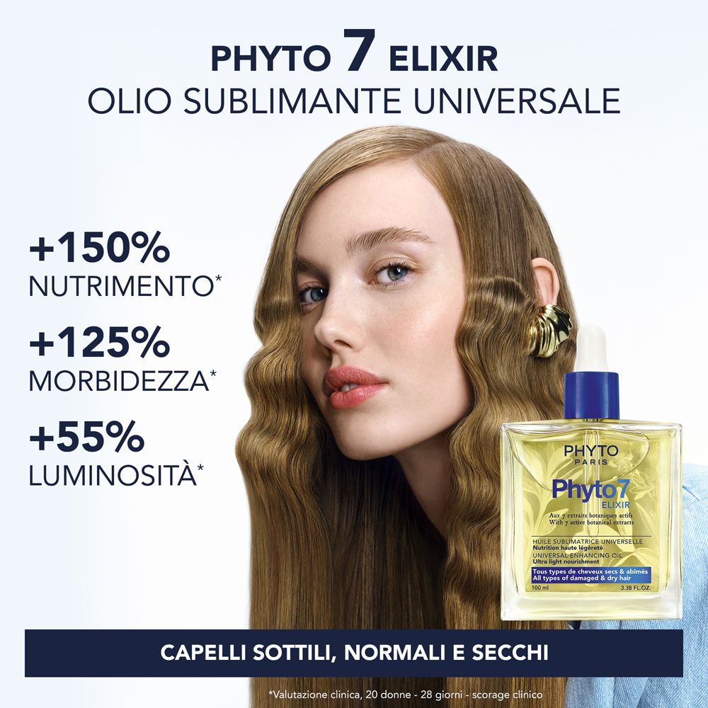 Donna con capelli lunghi e lucenti. Accanto a lei, una bottiglia di Phyto 7 Elixir. Testo: +150% nutrizione, +125% morbidezza, +55% luminosità.