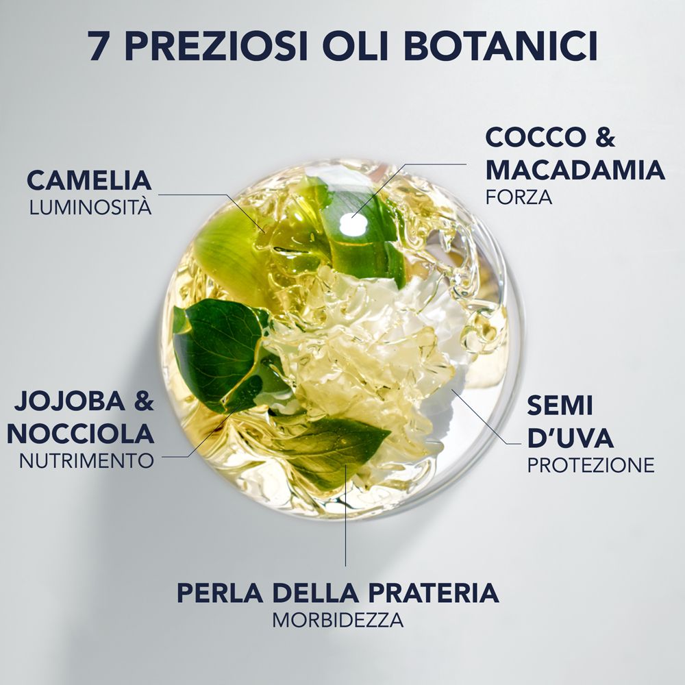 Primo piano di 7 oli botanici in un liquido trasparente. Etichette: Camelia, Cocco & Macadamia, Jojoba & Nocciola, ecc.