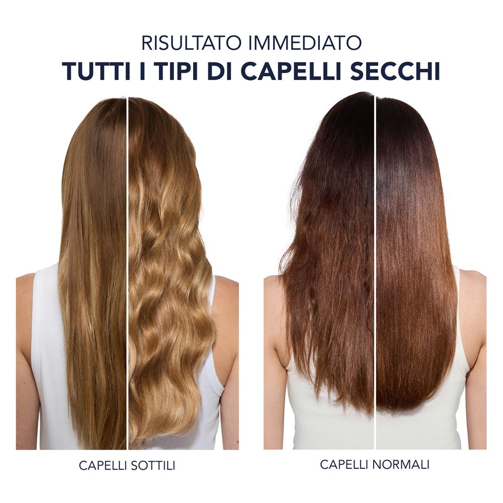Due tipi di capelli affiancati. A sinistra: capelli sottili. A destra: capelli normali. Testo: Risultato immediato. Per tutti i tipi di capelli secchi.