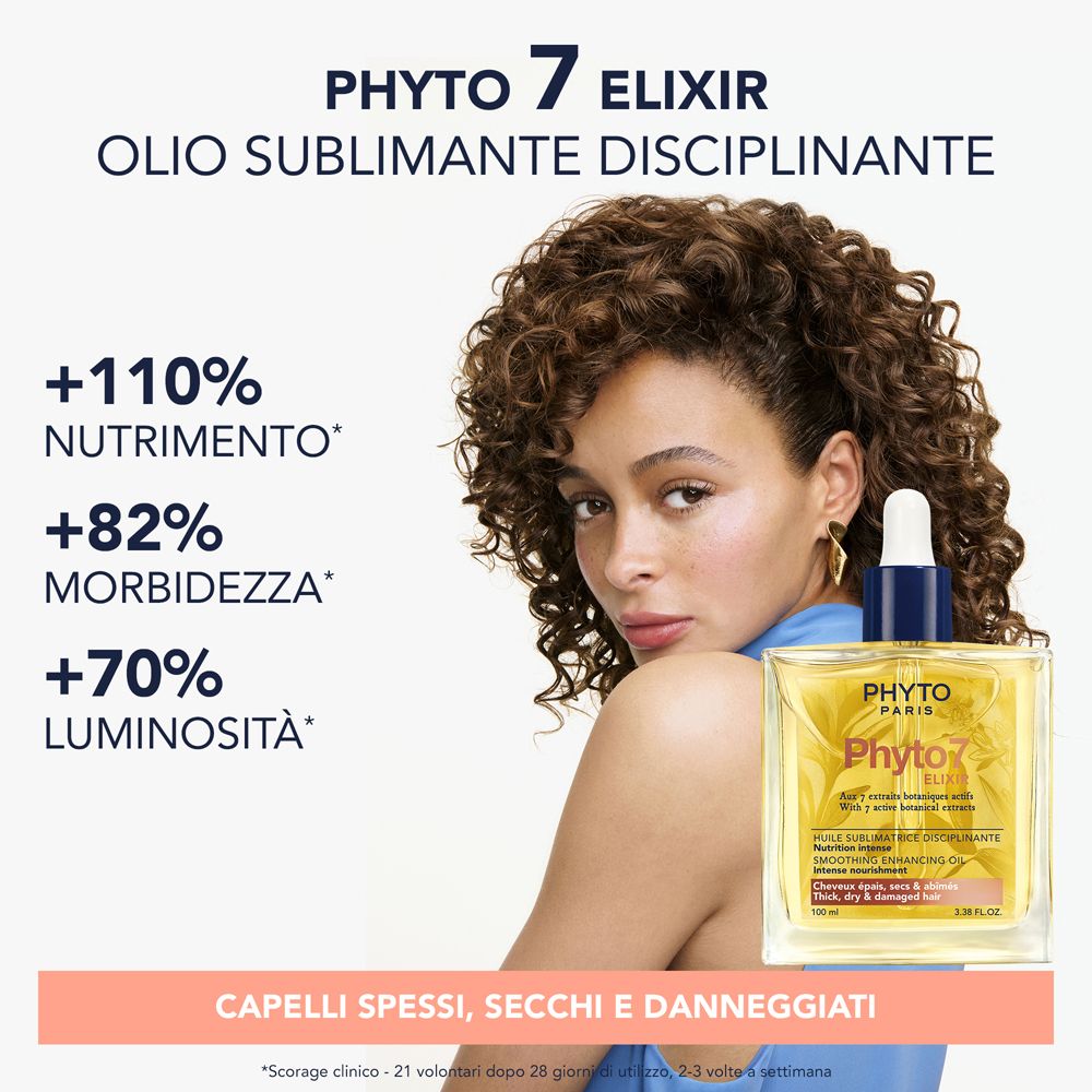Donna con capelli ricci e flacone del prodotto. Testo: Phyto 7 Elixir, +110% nutrimento, +82% morbidezza, +70% luminosità. Per capelli spessi e secchi.