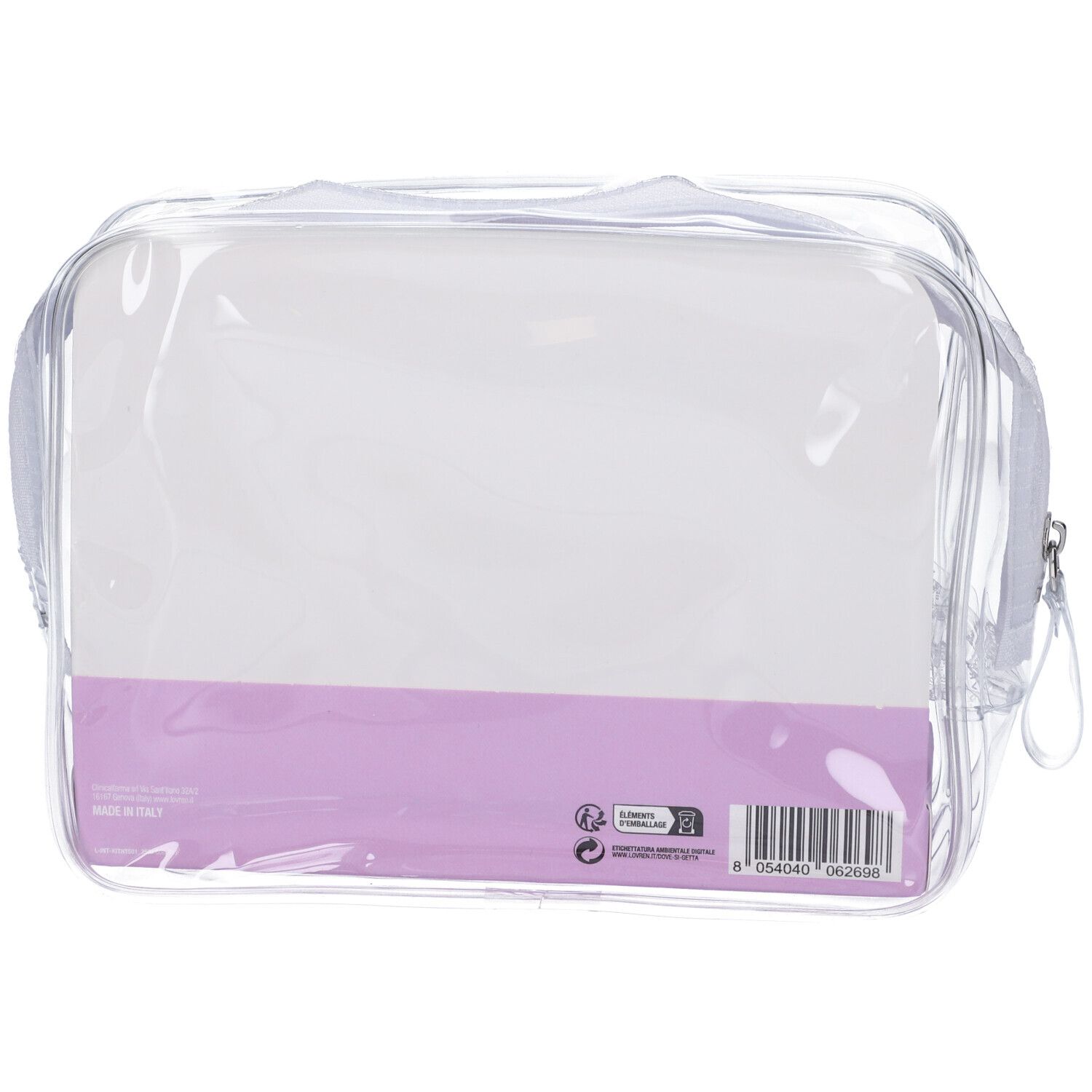 Beauty case trasparente con cerniera. Sul retro etichetta viola con testo e codice a barre.