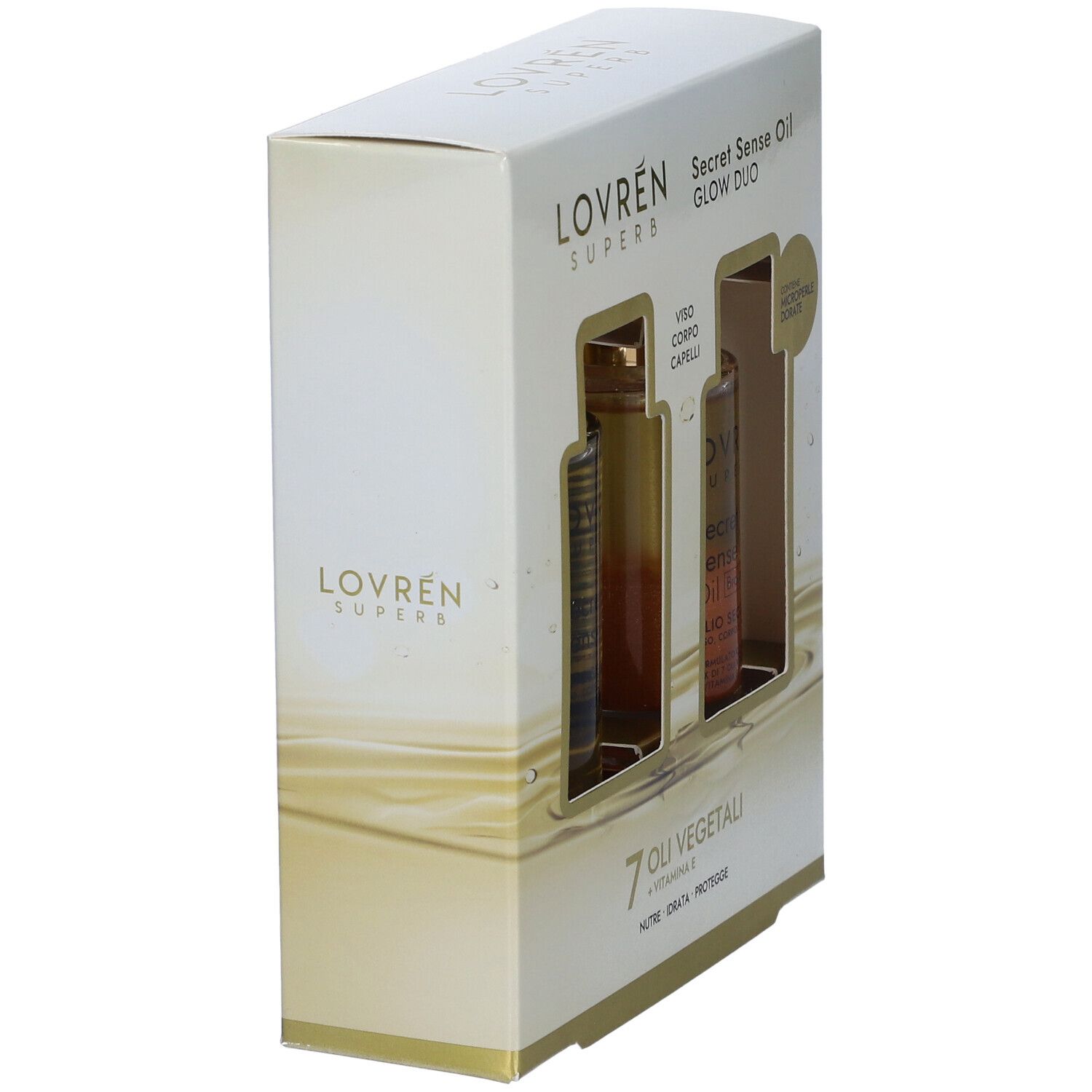 Vista obliqua della confezione del prodotto. Contiene due flaconi Secret Sense Oil Glow Duo. Nome del prodotto e logo visibili.