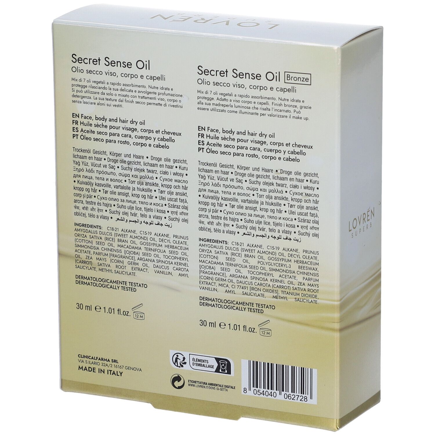 Retro della confezione del prodotto. Testo in più lingue. Contiene ingredienti e informazioni sul prodotto. Marchio Lovrèn Superb.