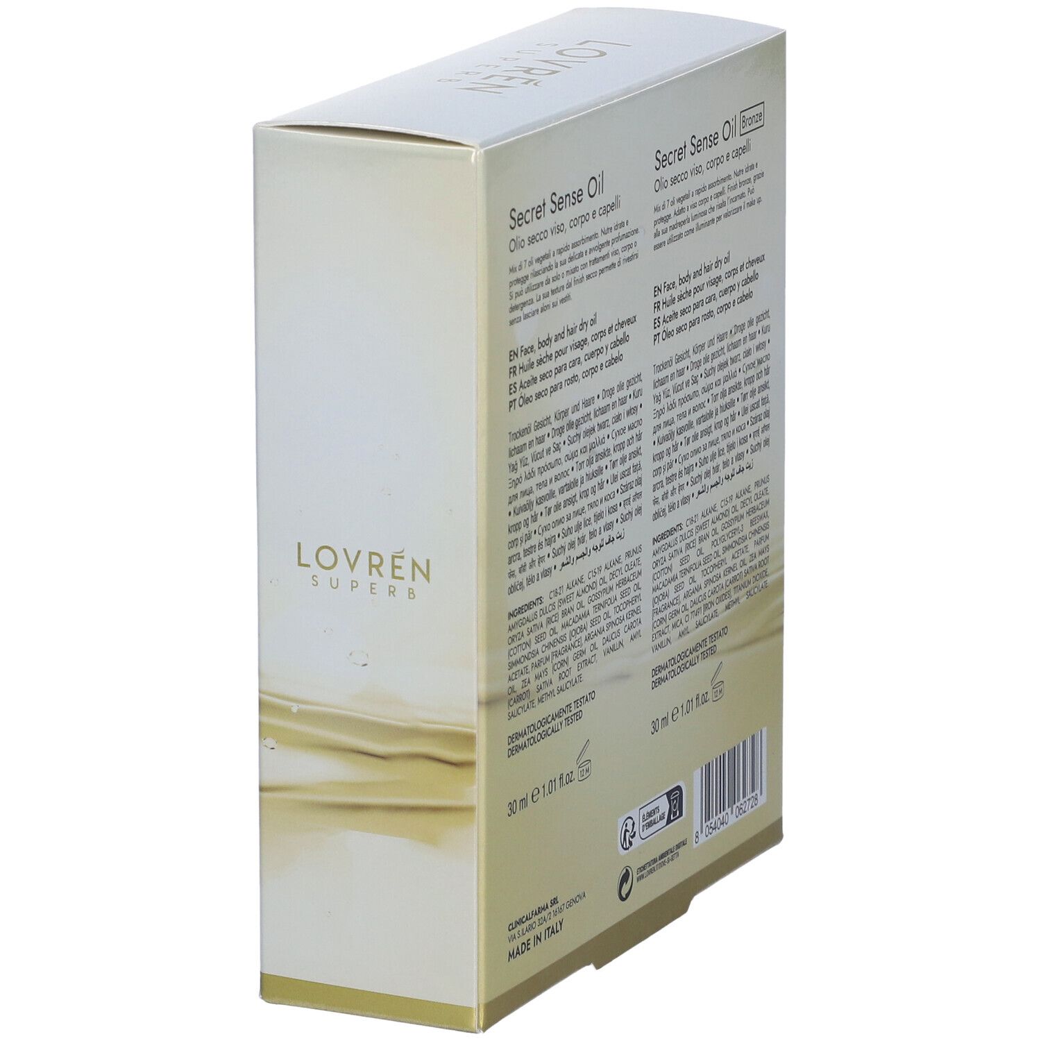 Vista laterale della confezione del prodotto. Testo in più lingue. Contiene informazioni sul prodotto. Marchio Lovrèn Superb.