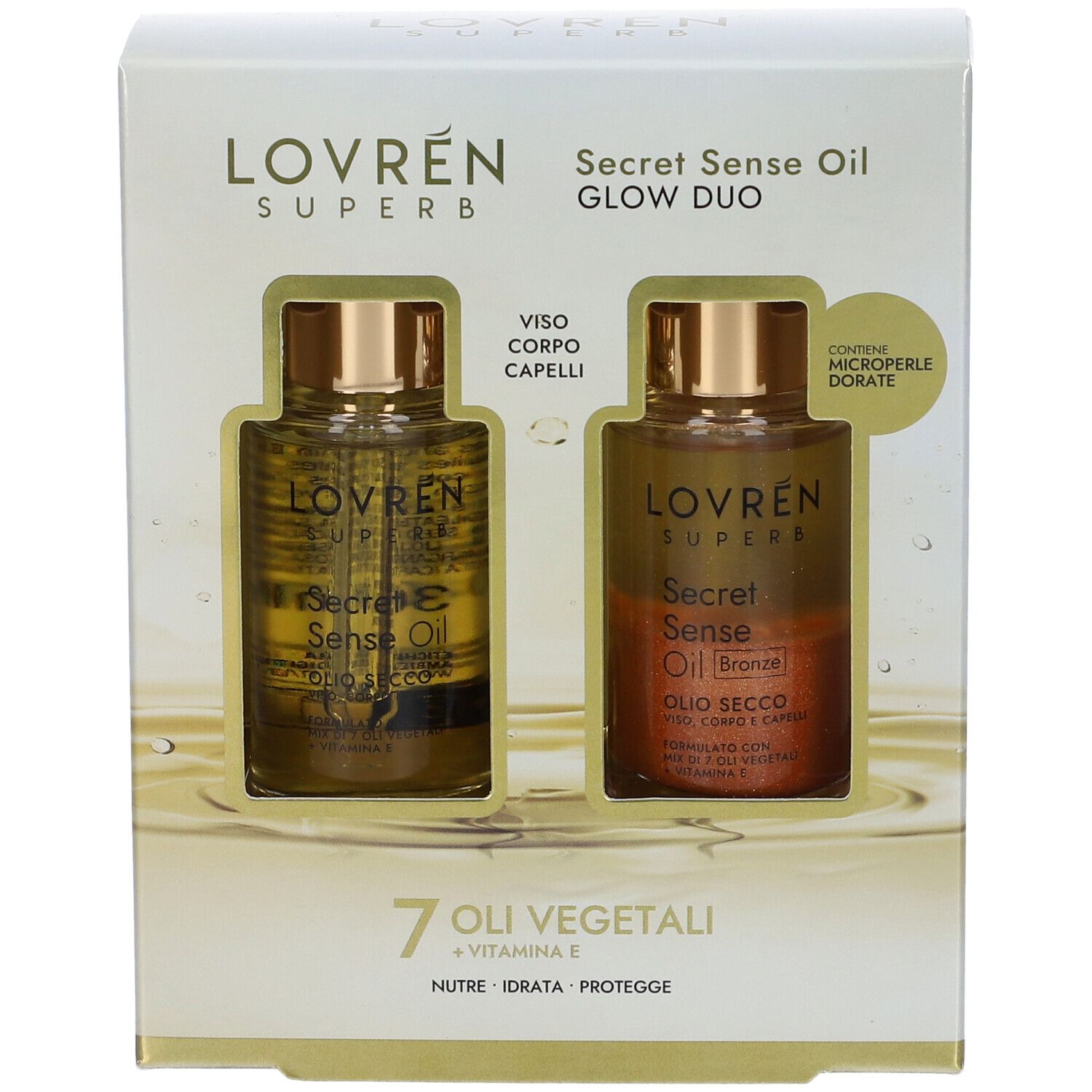 Confezione regalo con due flaconi. Contiene Secret Sense Oil Glow Duo. Visibile: 7 oli vegetali, vitamina E. Nome del prodotto visibile.