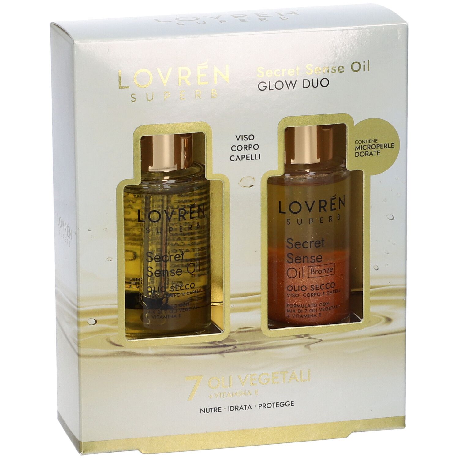Confezione regalo con due flaconi. Contiene Secret Sense Oil Glow Duo. Visibile: 7 oli vegetali, vitamina E. Nome del prodotto visibile.