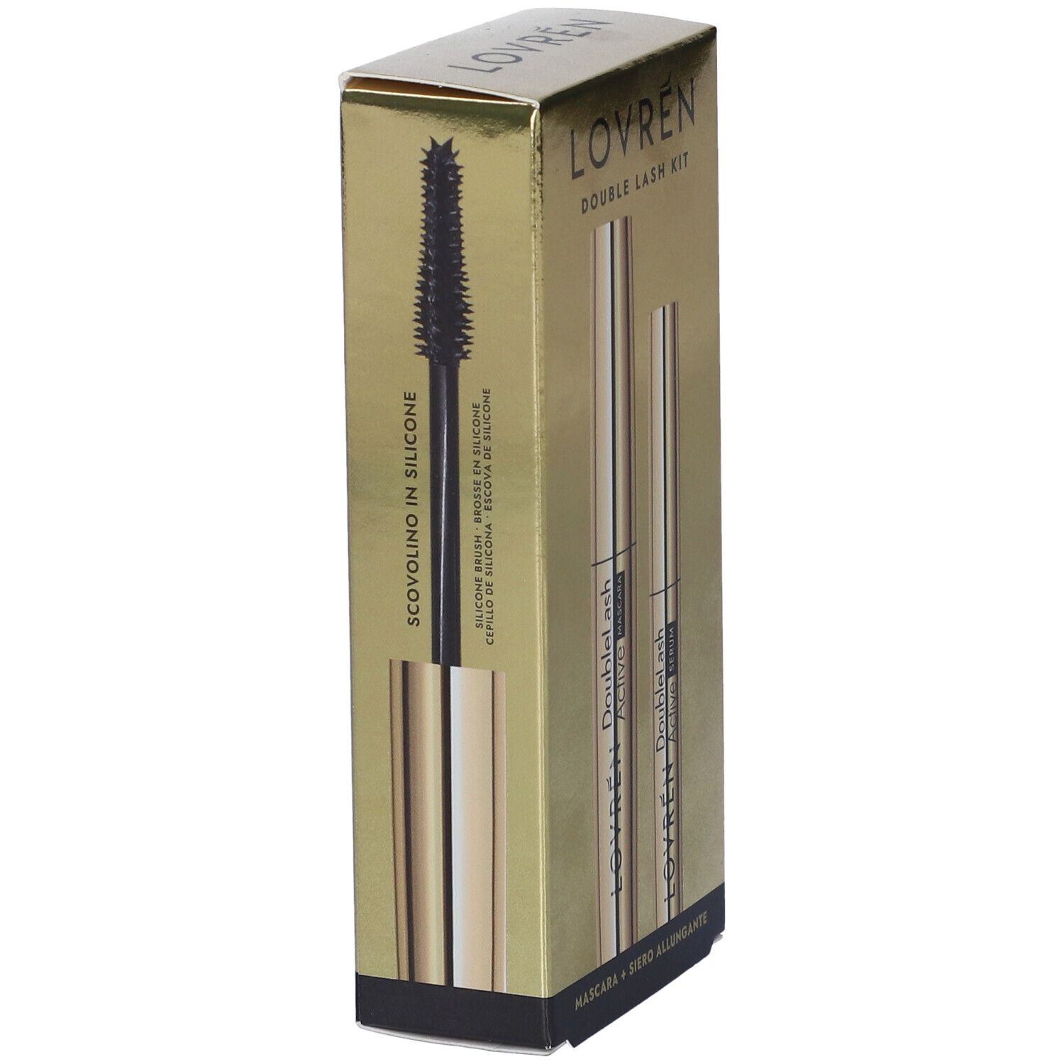 Confezione dorata con scovolino mascara e applicatore siero. Scritta: Lovrèn Double Lash Kit.