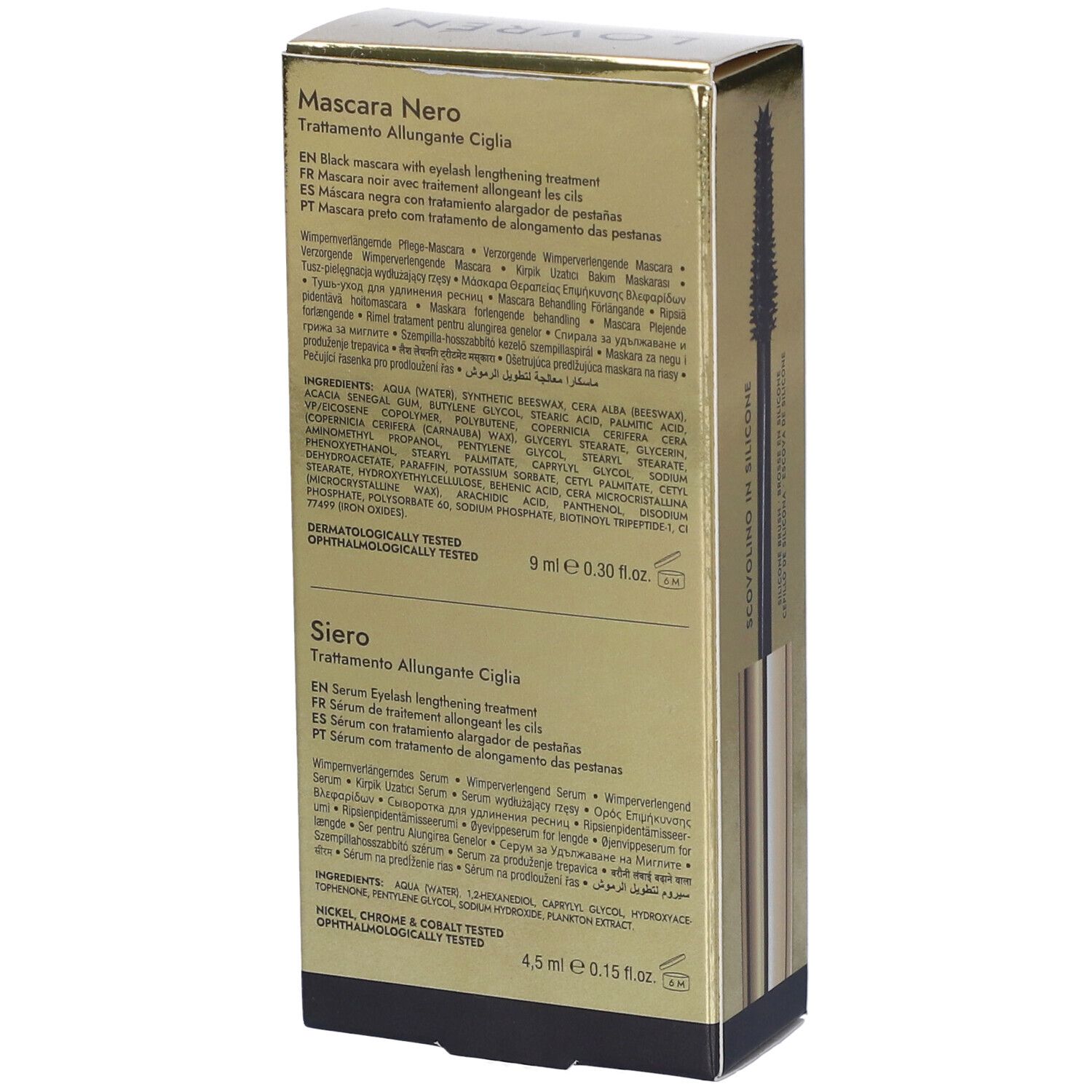 Retro della confezione dorata. Testo multilingue. Informazioni sugli ingredienti e quantità.