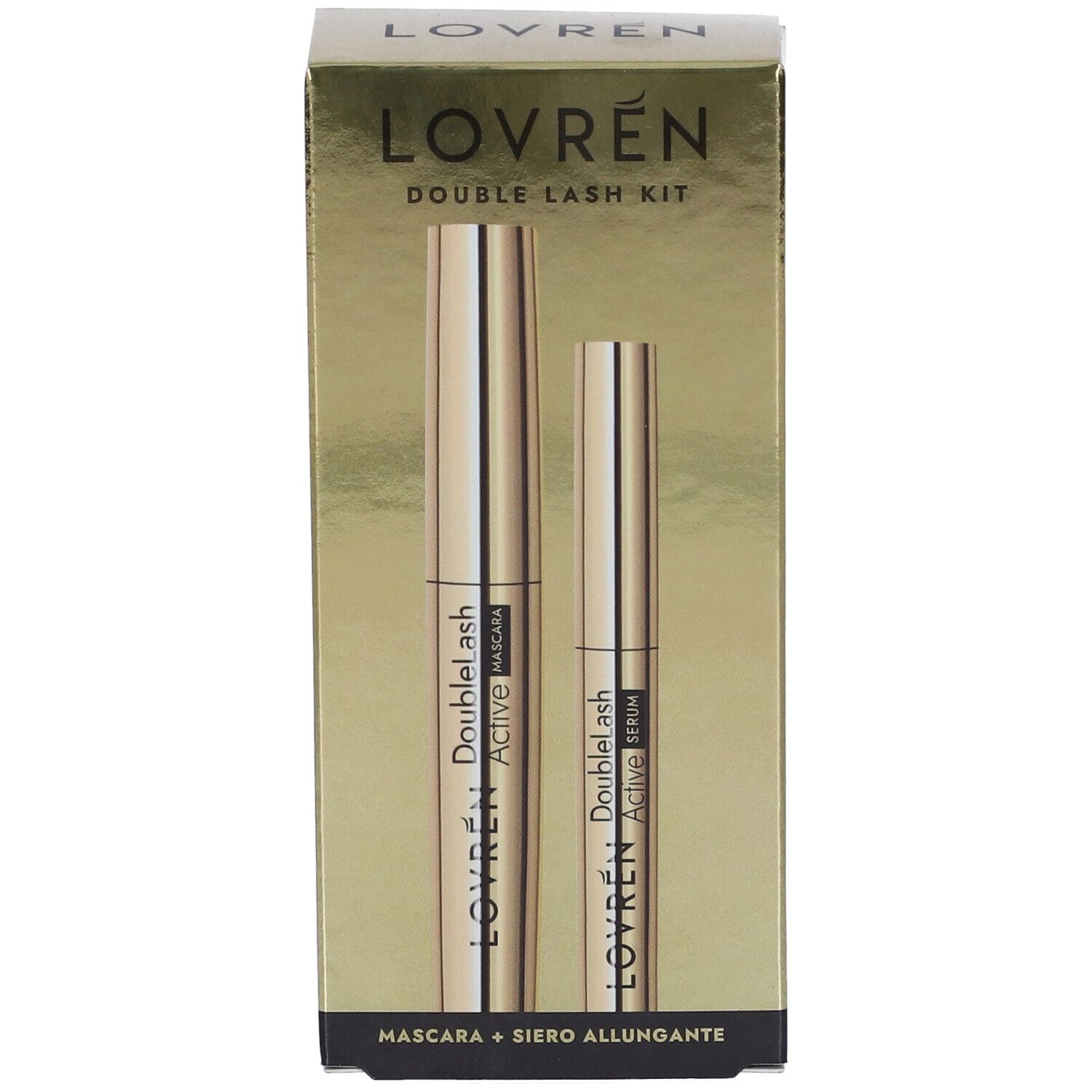 Confezione dorata con mascara e siero ciglia. Scritta: Lovrèn Double Lash Kit. Mascara + Siero Allungante.