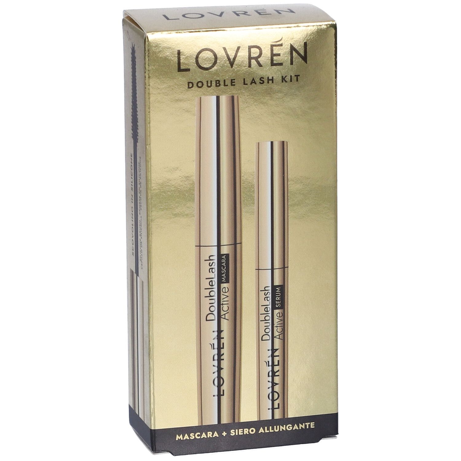 Confezione dorata con mascara e siero ciglia. Scritta: Lovrèn Double Lash Kit. Mascara + Siero Allungante.