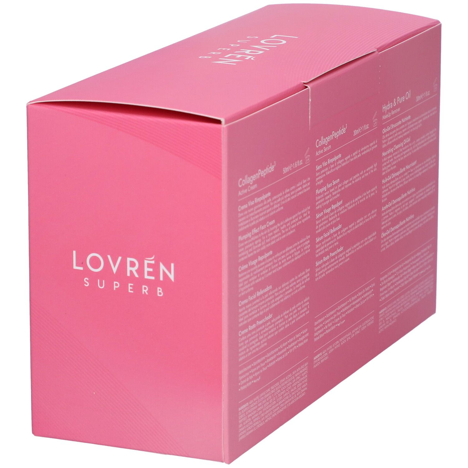Confezione regalo rosa, vista laterale. Marchio Lovrén Superb. Scritte: Collagen Peptide, Hydra & Pure Oil.