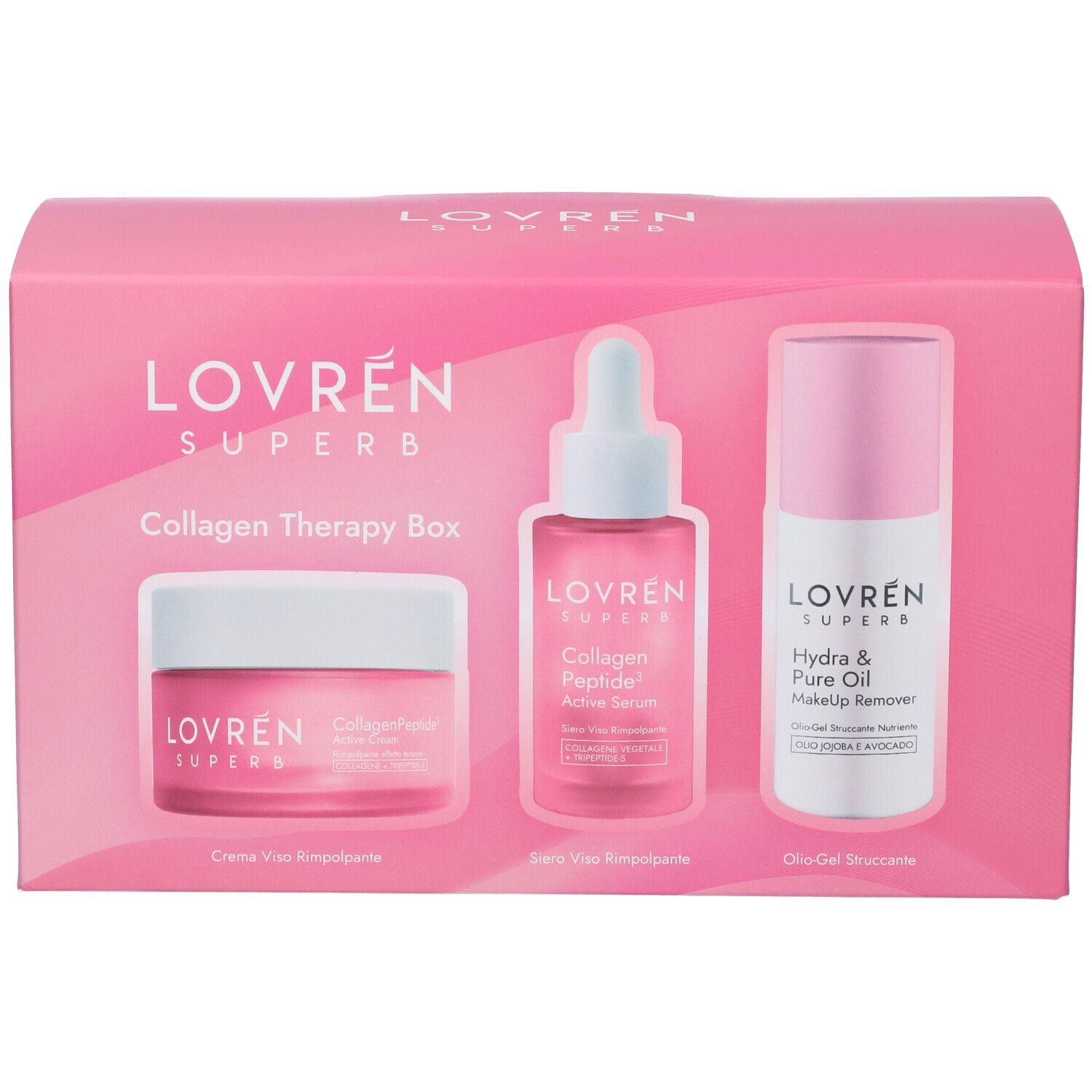 Confezione regalo rosa Lovrén Superb. Contiene crema, siero e olio struccante. Scritta: Collagen Therapy Box.