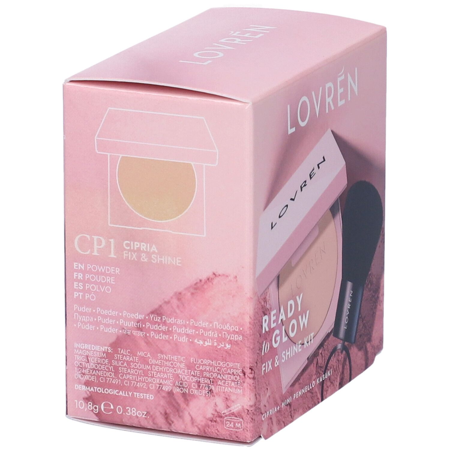 Confezione rosa Lovrén Ready to Glow Fix & Shine Kit. Cipria, pennello e informazioni prodotto visibili. Designazione CP1.