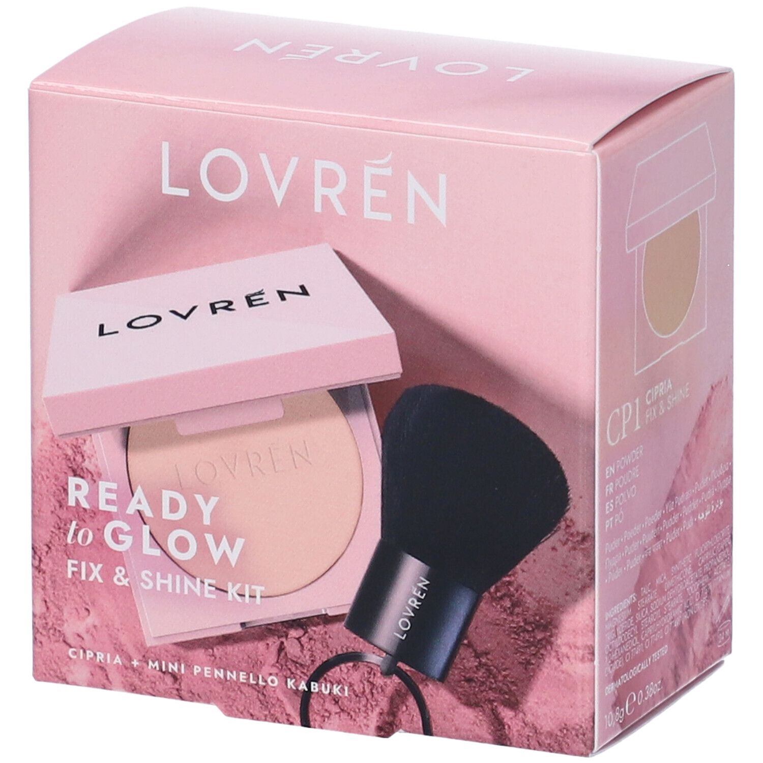 Confezione rosa Lovrén Ready to Glow Fix & Shine Kit. Cipria e pennello kabuki inclusi. Nome prodotto e pennello visibili.