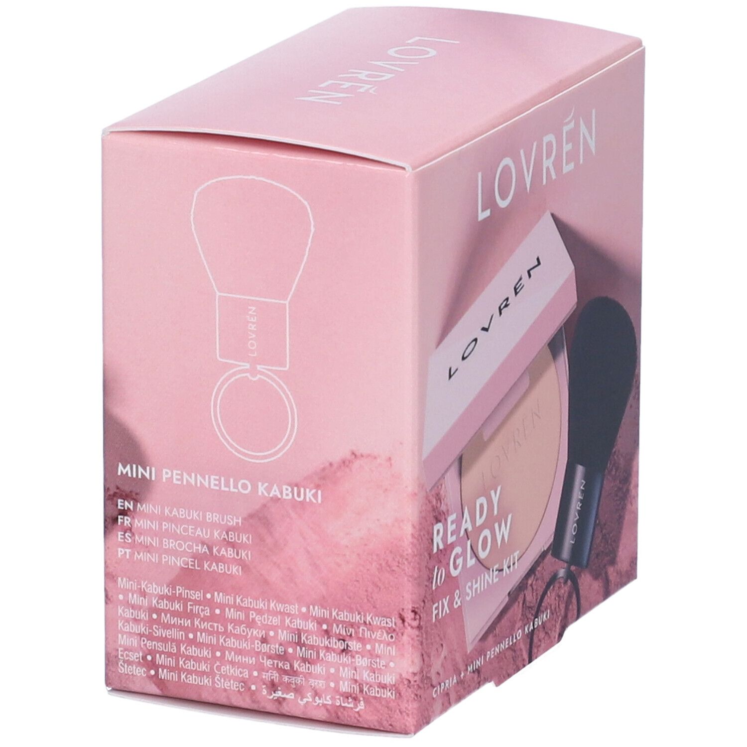 Confezione rosa Mini Pennello Kabuki. Illustrazione del pennello e informazioni prodotto visibili. Testi multilingue.