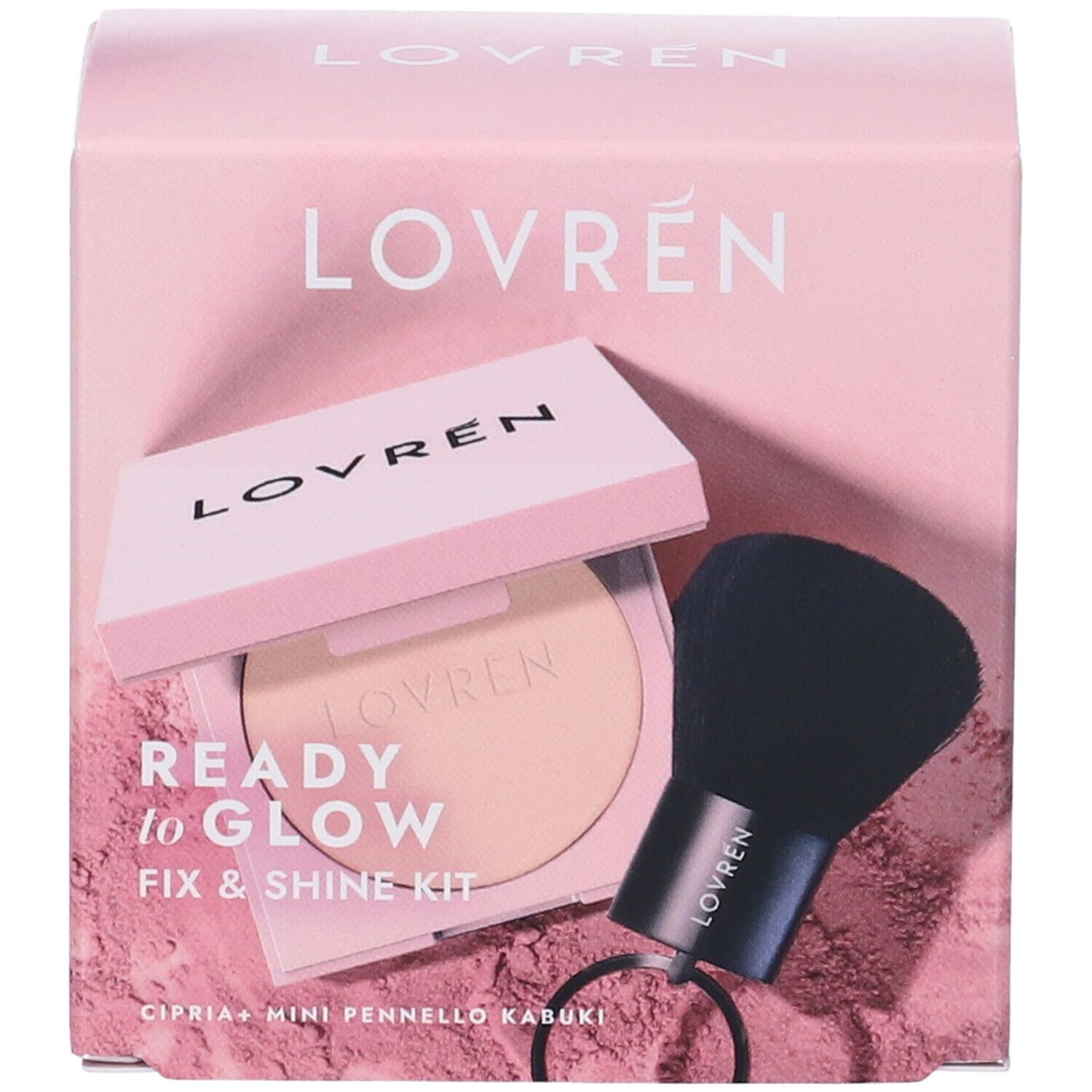 Confezione rosa Lovrén Ready to Glow Fix & Shine Kit. Cipria e pennello kabuki inclusi. Nome prodotto e pennello visibili.