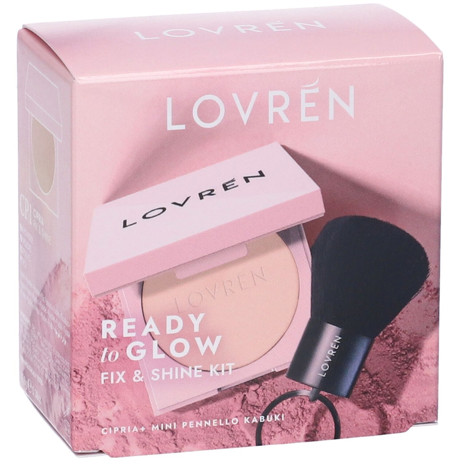 Confezione rosa Lovrén Ready to Glow Fix & Shine Kit. Cipria e pennello kabuki inclusi. Nome prodotto e pennello visibili.