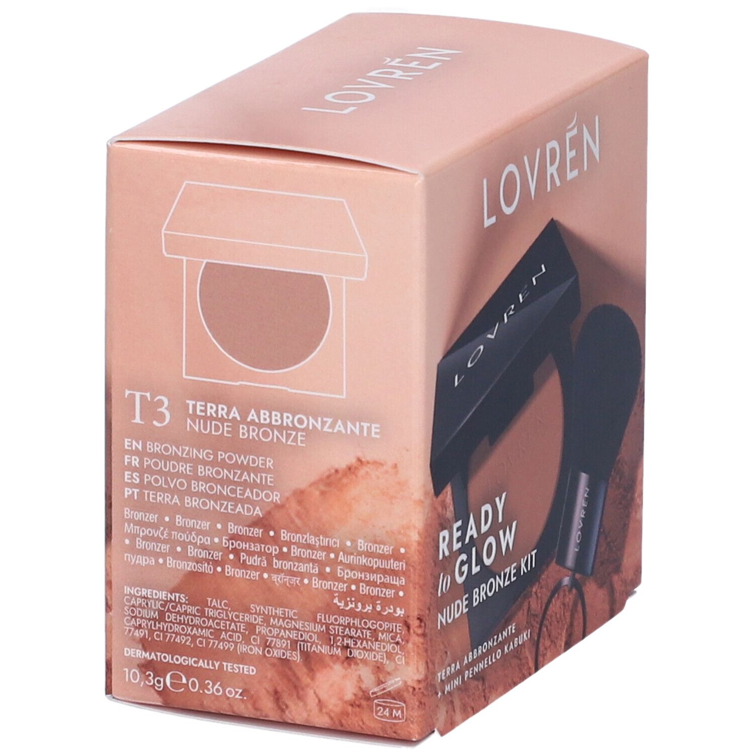 Confezione con bronzer e pennello Kabuki. Scritto: T3 Terra Abbronzante Nude Bronze. Ingredienti e 10.3g/0.36 oz.