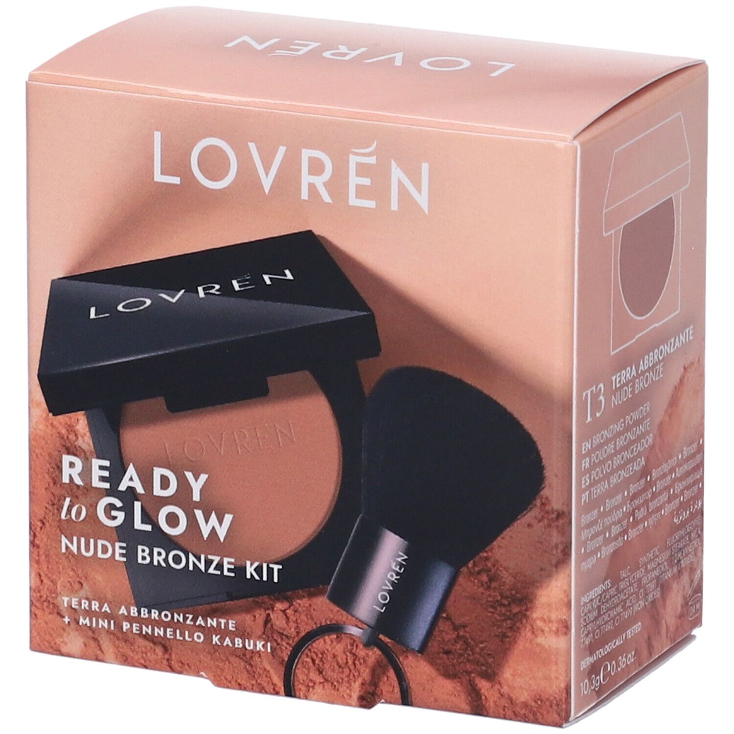 Confezione Ready to Glow Nude Bronze Kit con bronzer e pennello Kabuki. Scritto: Mini Pennello Kabuki Omaggio.