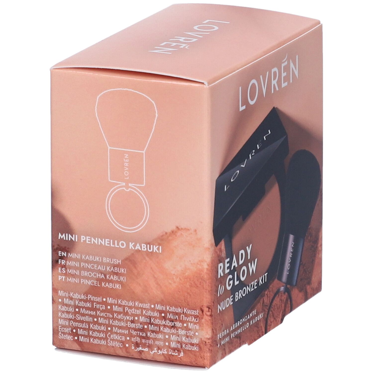 Confezione con pennello Kabuki. Scritto: Mini Pennello Kabuki. Denominazioni multilingue del prodotto.