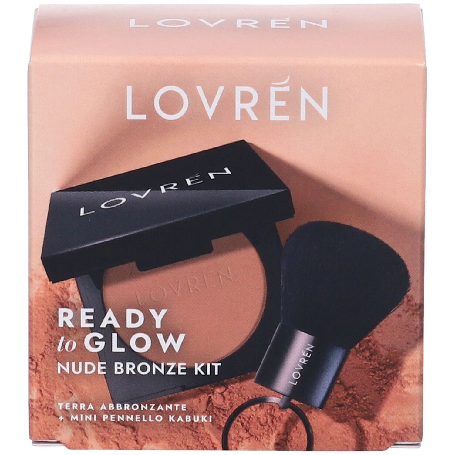 Confezione Ready to Glow Nude Bronze Kit con bronzer e pennello Kabuki. Scritto: Mini Pennello Kabuki Omaggio.