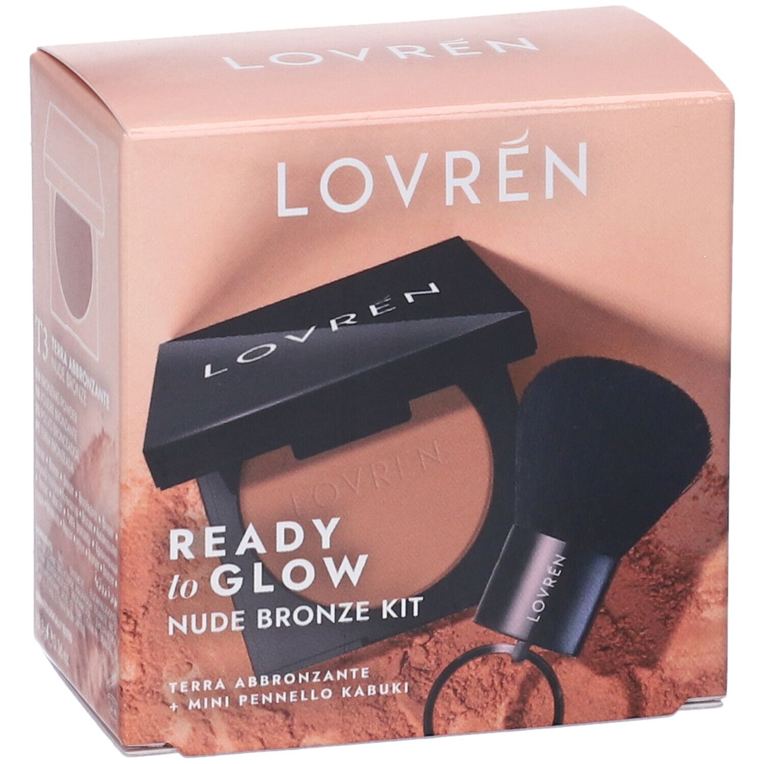 Confezione Ready to Glow Nude Bronze Kit con bronzer e pennello Kabuki. Scritto: Mini Pennello Kabuki Omaggio.