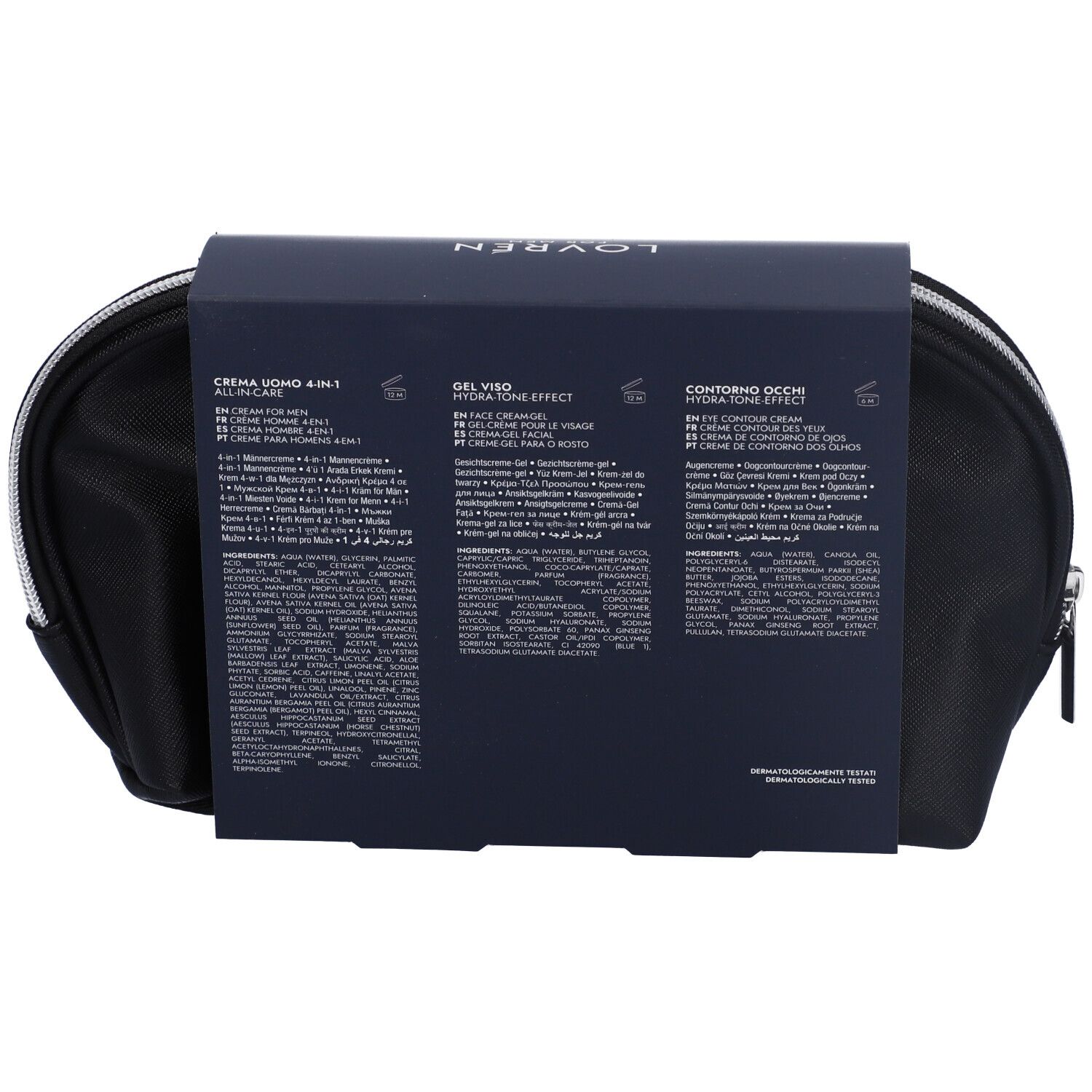 Retro del beauty case nero con informazioni sui prodotti. Testo in tedesco, inglese, francese e italiano.