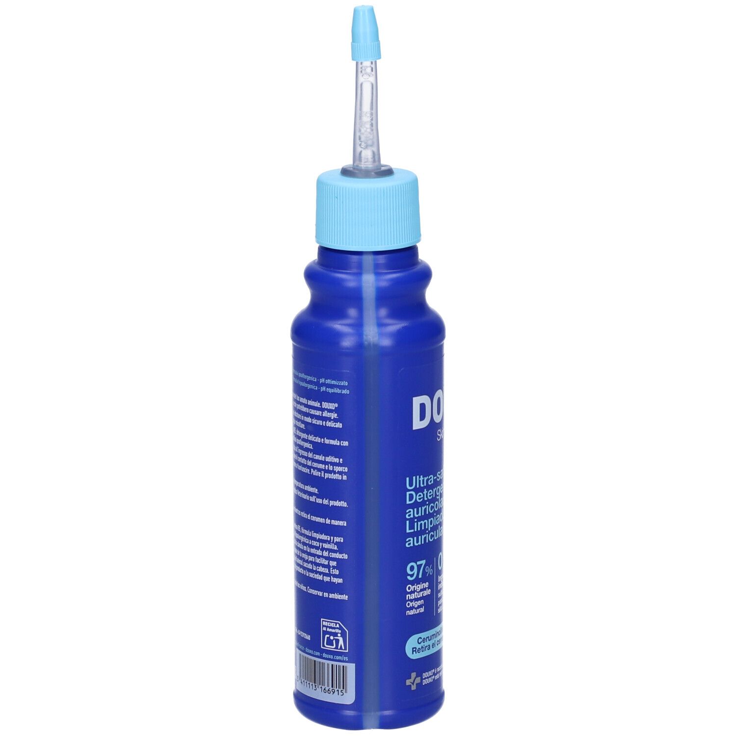 Flacone blu con applicatore blu. Testo in italiano. Retro con informazioni sul prodotto.