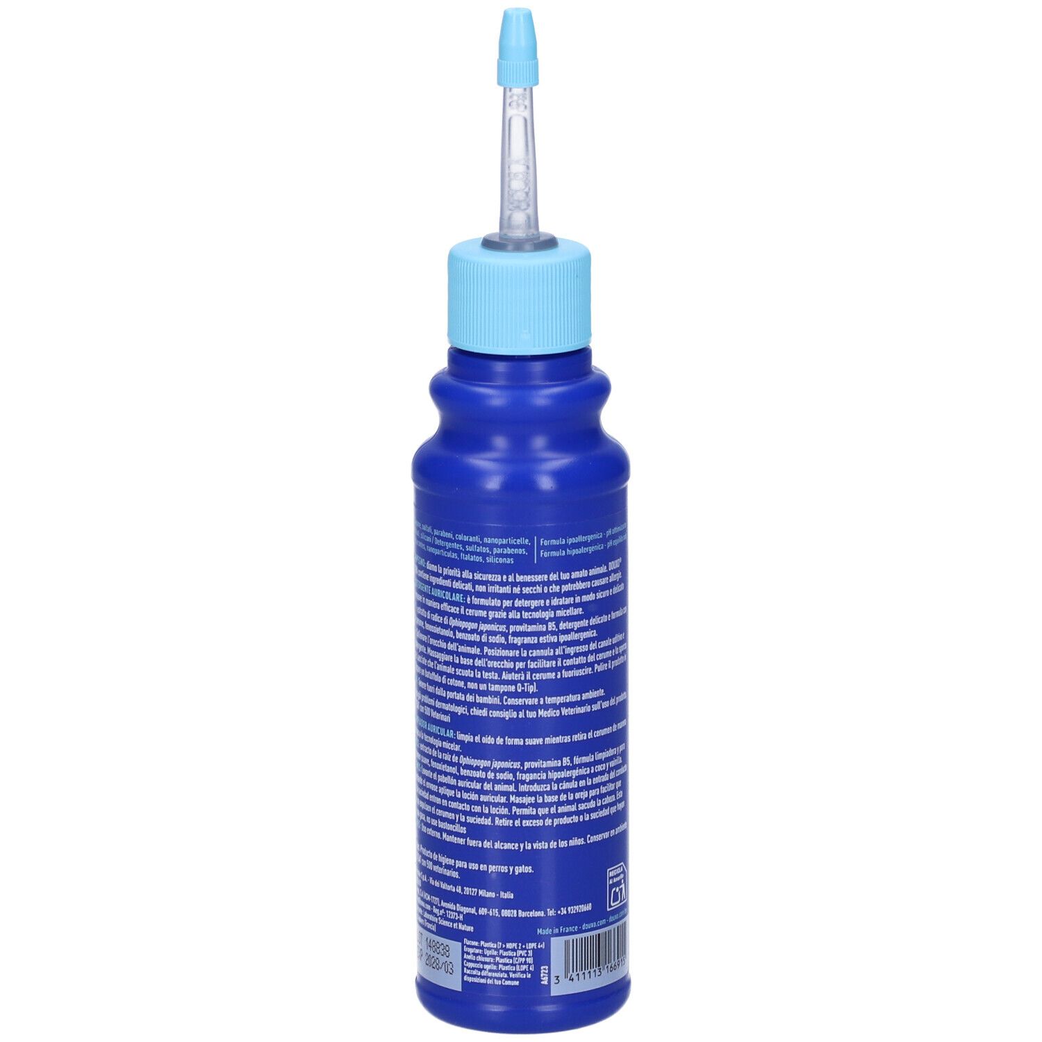 Flacone blu con applicatore blu. Testo in italiano. Retro con informazioni sul prodotto.