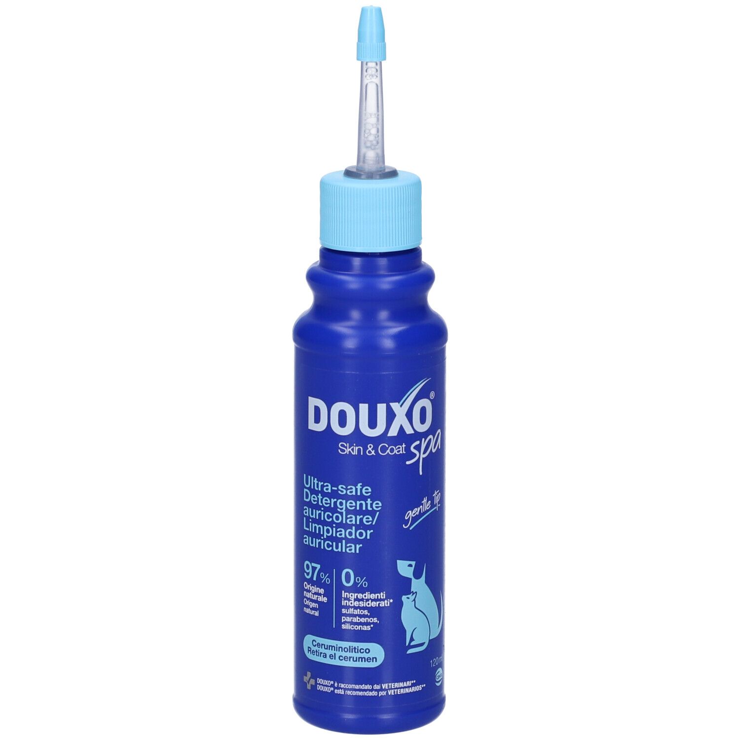 Flacone blu con applicatore blu. Scritta DOUXO Spa, Ultra-safe Detergente auricolare. Immagine cane e gatto. 120ml.