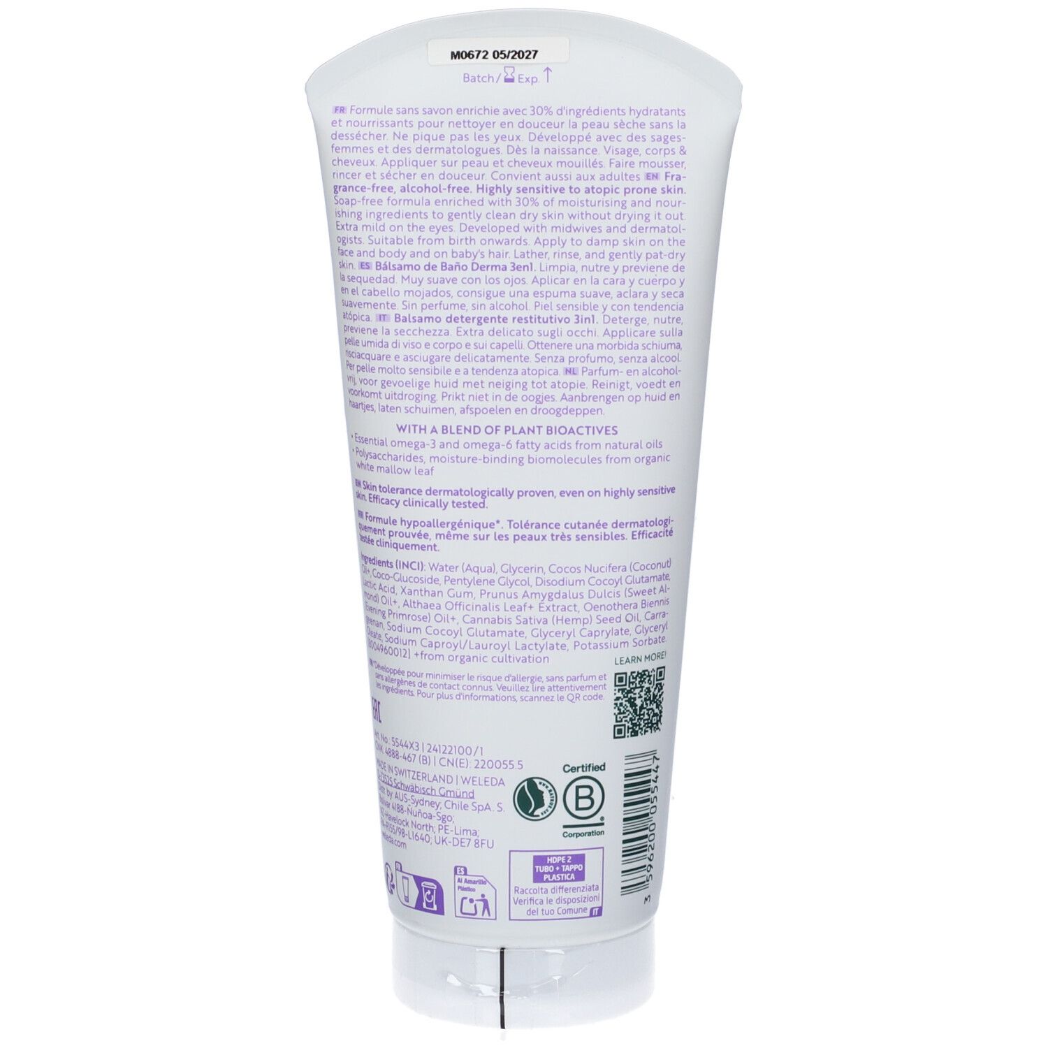 Retro del tubo. Testo multilingue. Ingredienti e certificazioni. Codice QR e logo B Corp. Scritta: WITH A BLEND OF PLANT BIOACTIVES.