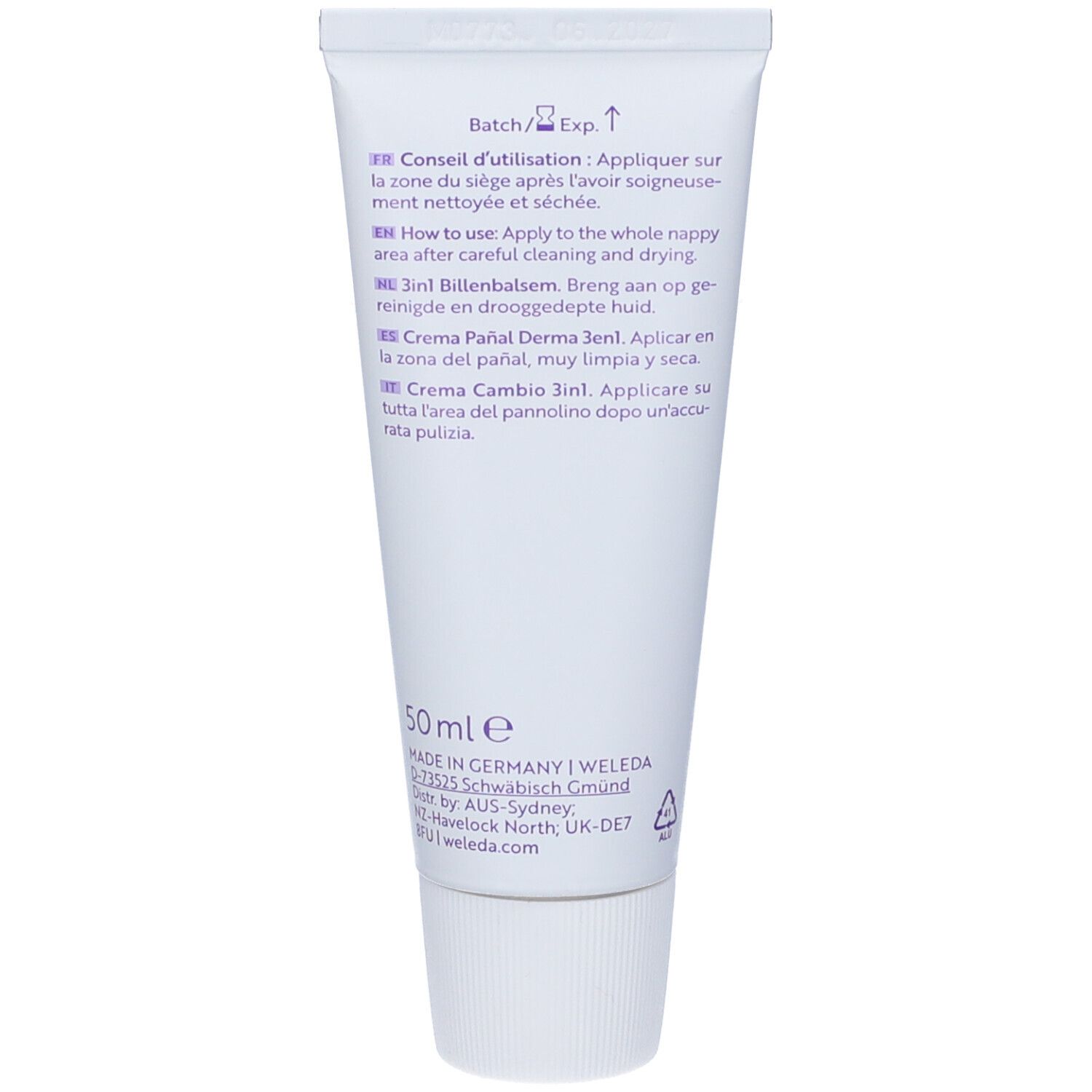 Retro del tubo con testo multilingue. Contiene informazioni sull'uso e i dettagli del produttore.