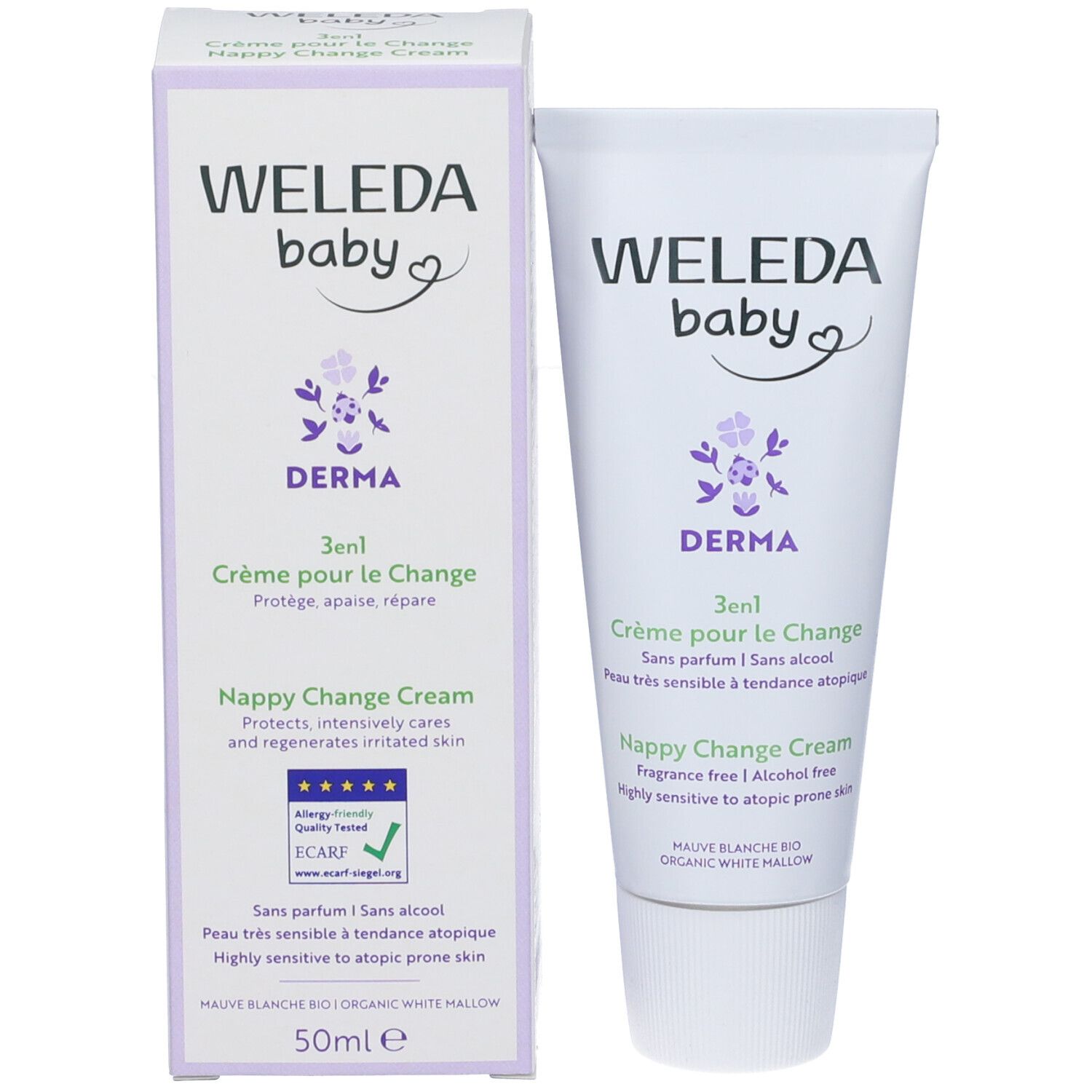 Confezione del prodotto con tubo e scatola. Entrambi mostrano WELEDA baby, DERMA, 3in1 Crème pour le Change, Nappy Change Cream.