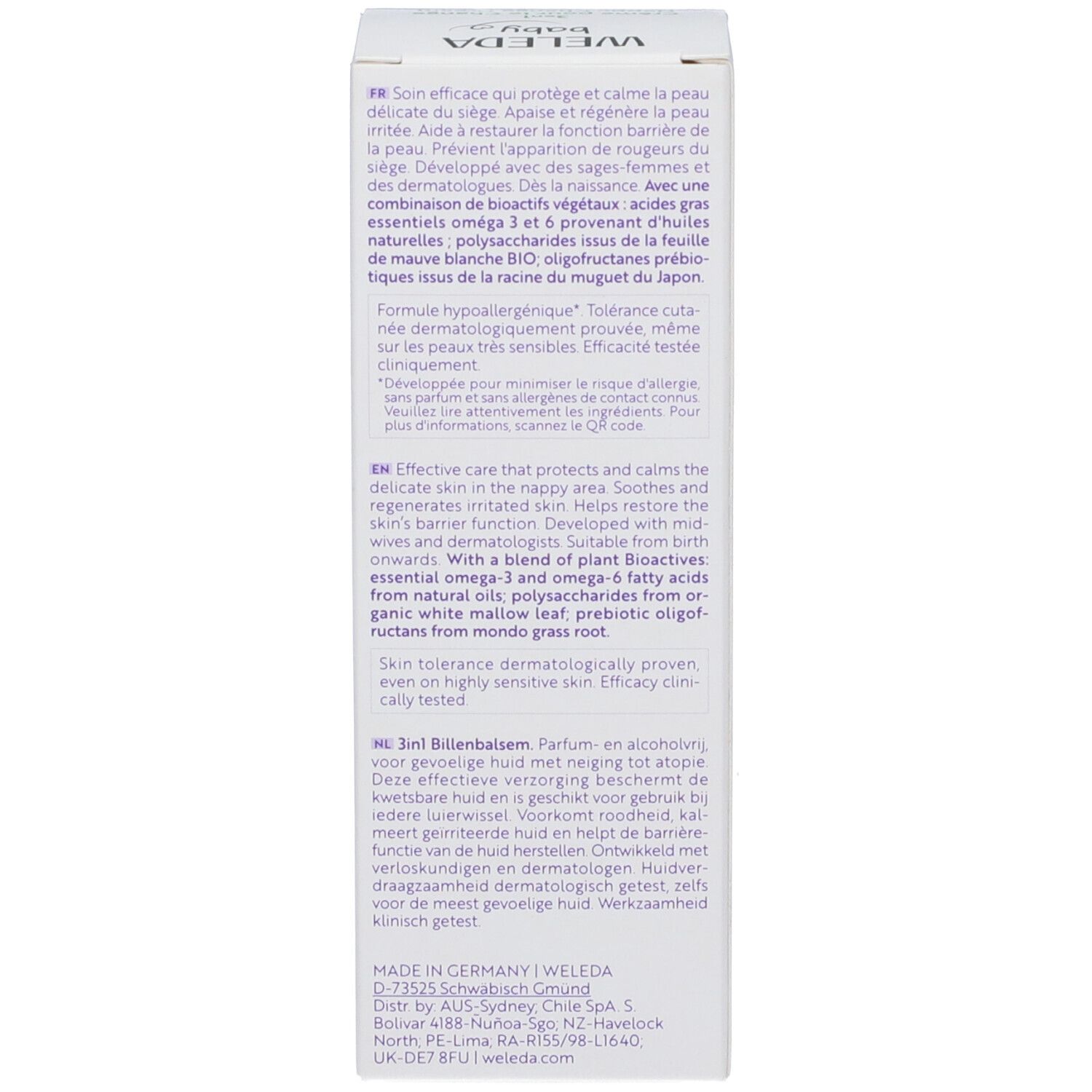 Testo sulla confezione in cartone che descrive l'azione e gli ingredienti. Multilingue.