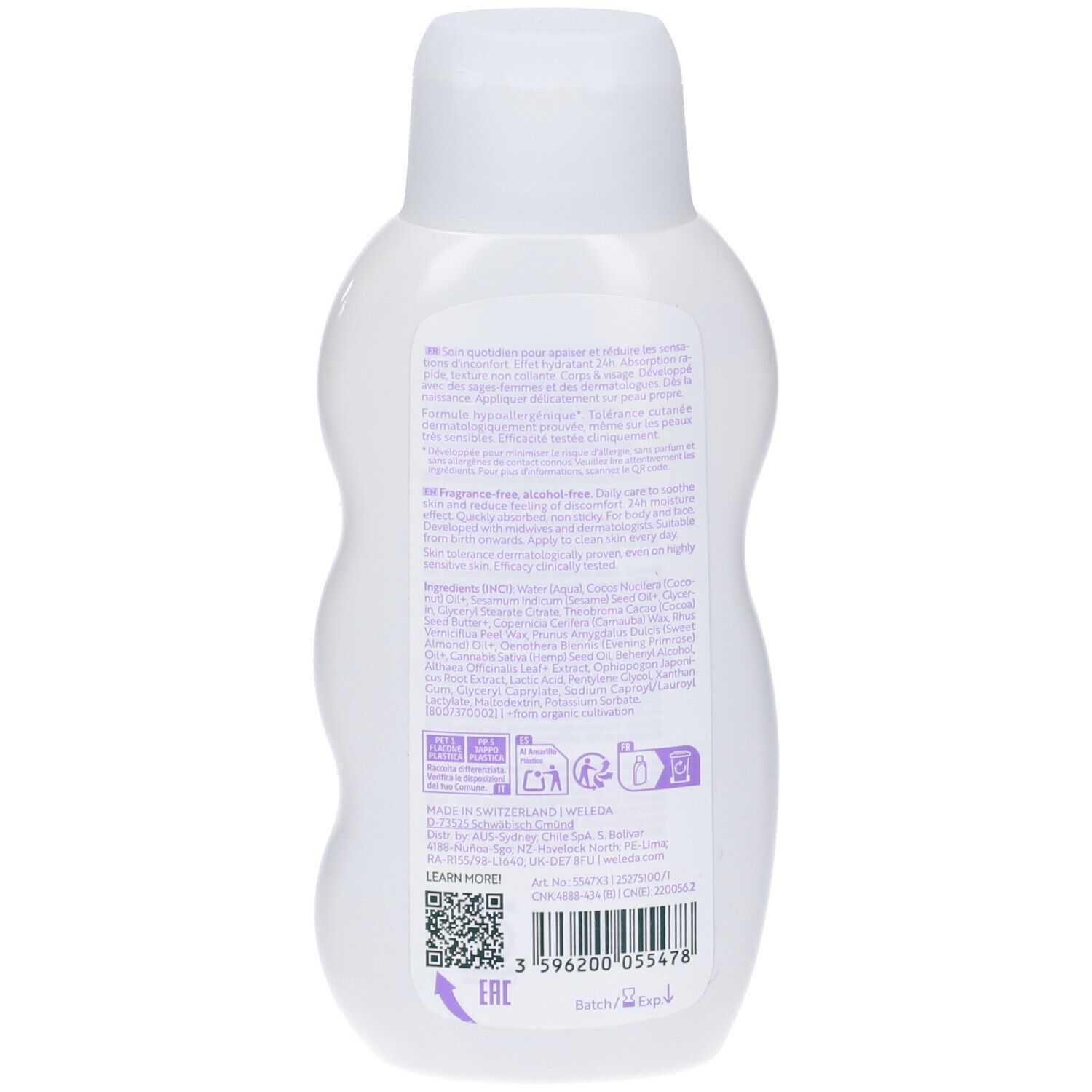 Retro del flacone bianco. Testo in più lingue. Con codice QR e numero di lotto.