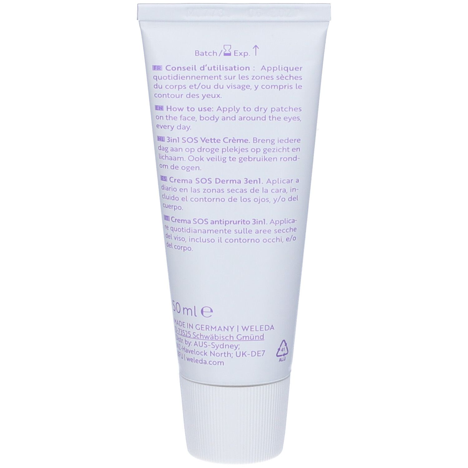 Retro del tubo. Testo multilingue. Informazioni sull'uso e sugli ingredienti. Informazioni sul produttore.