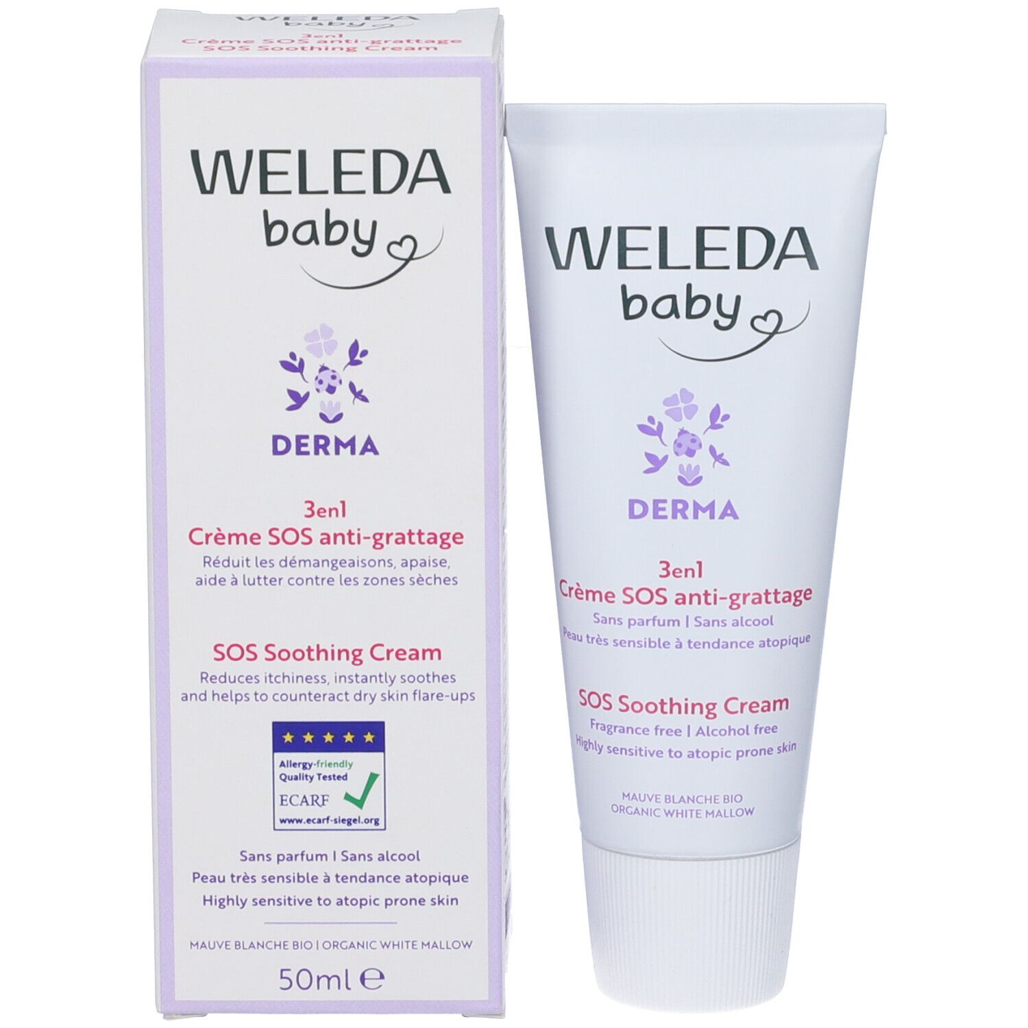 Prodotto e confezione. Tubo e scatola bianchi. Scritta: WELEDA baby, DERMA, 3en1 Crème SOS anti-grattage. Logo.